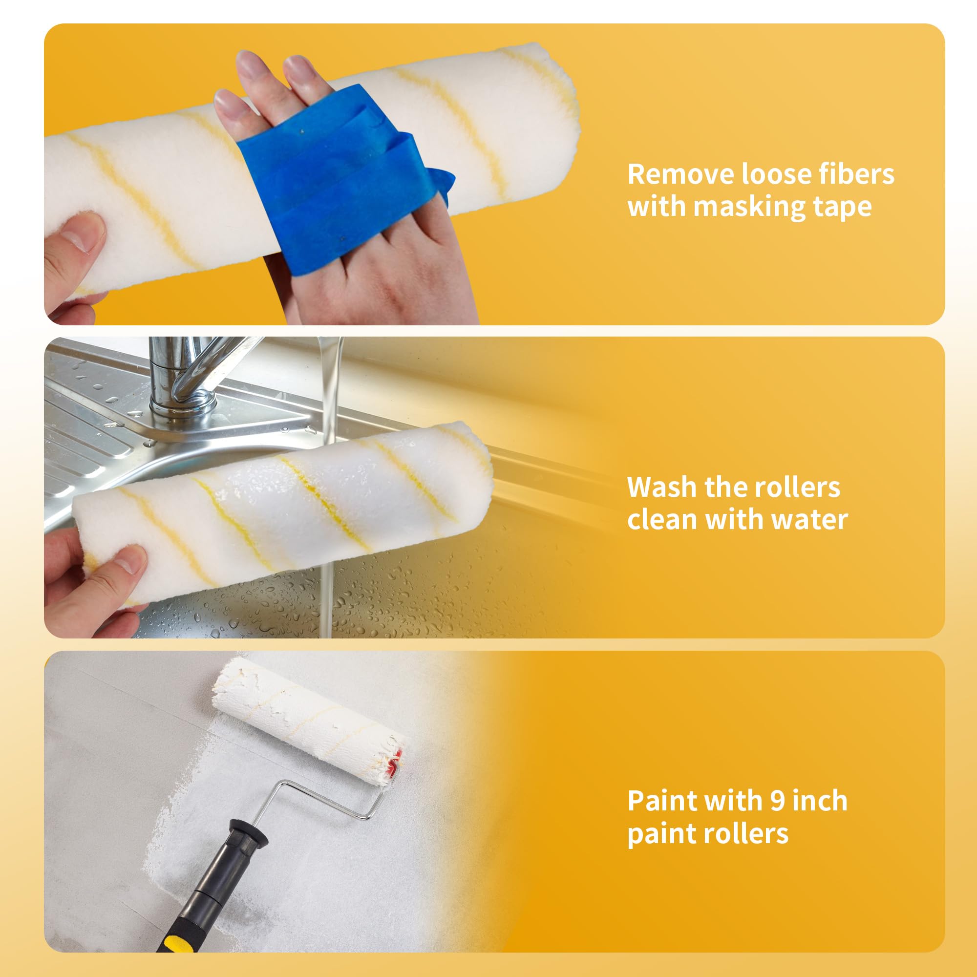 Lot de 20 housses de rouleau de peinture de 22,9 cm, housse en microfibre pour rouleaux de peinture, 1,27 cm, rayures jaunes pour peinture, murs, plafonds