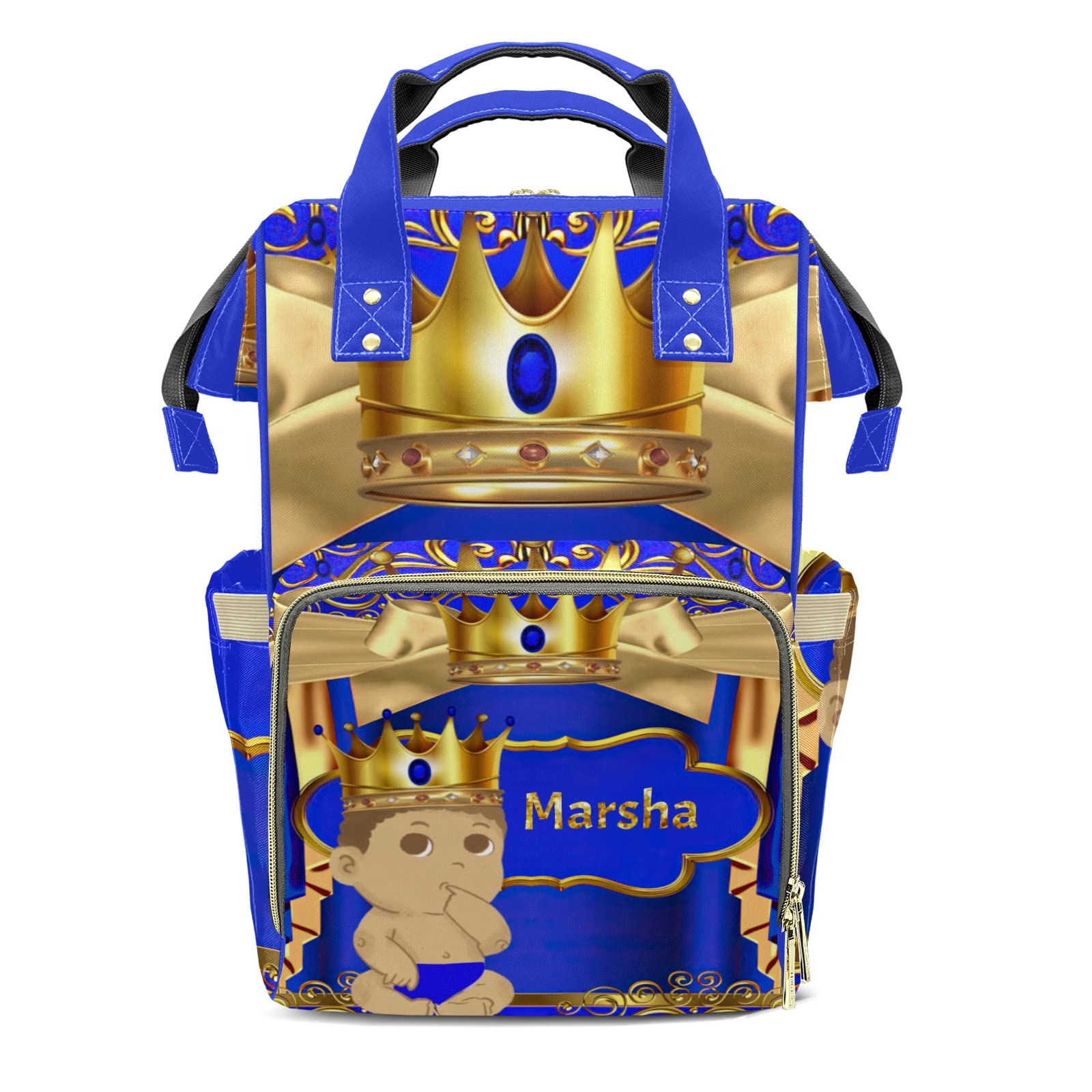 XIUCOO Custom Baby Boy Blue Gold Diaper Bag Backpack with Name Personalized Nappy Shoulders Bag Women Men Gifts 10.83 x 6.69 x15 inch (LxWxH)