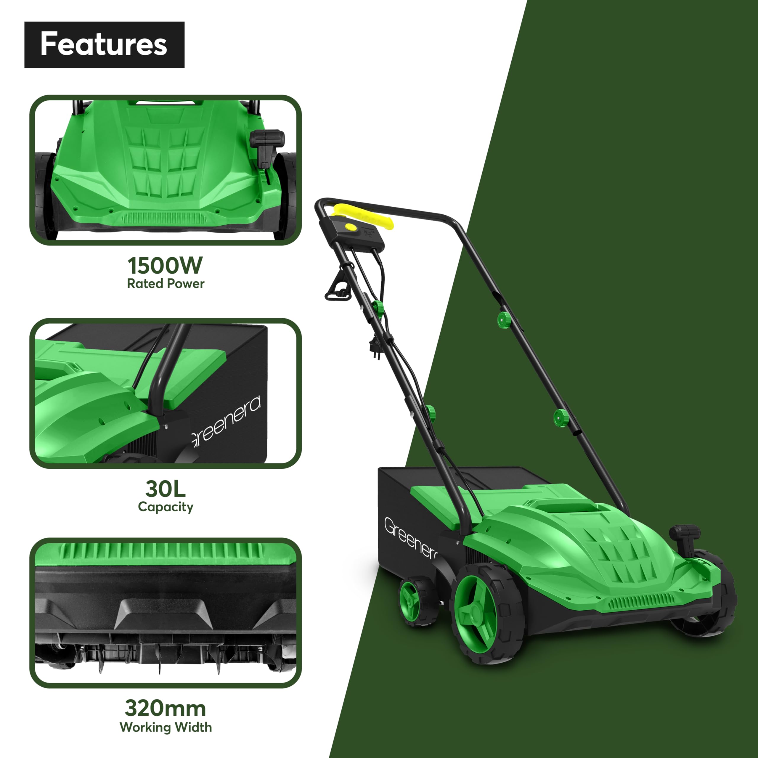 Aireador eléctrico de 1500 W, 1500 W, 1500 W, rastrillo de césped, caja de recogida de 32 cm, ancho de trabajo, 4 alturas de escarificación ajustables, 2 rodillos intercambiables, asas plegables, 10 m