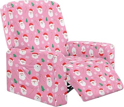 Pink Santa Claus Print Recliner Cover 4-Pieces Stretch Recliner Slipcovers with Storage Pockets and Elastic Bottom Living Room Furniture Covers for Recliners Christmas Decor