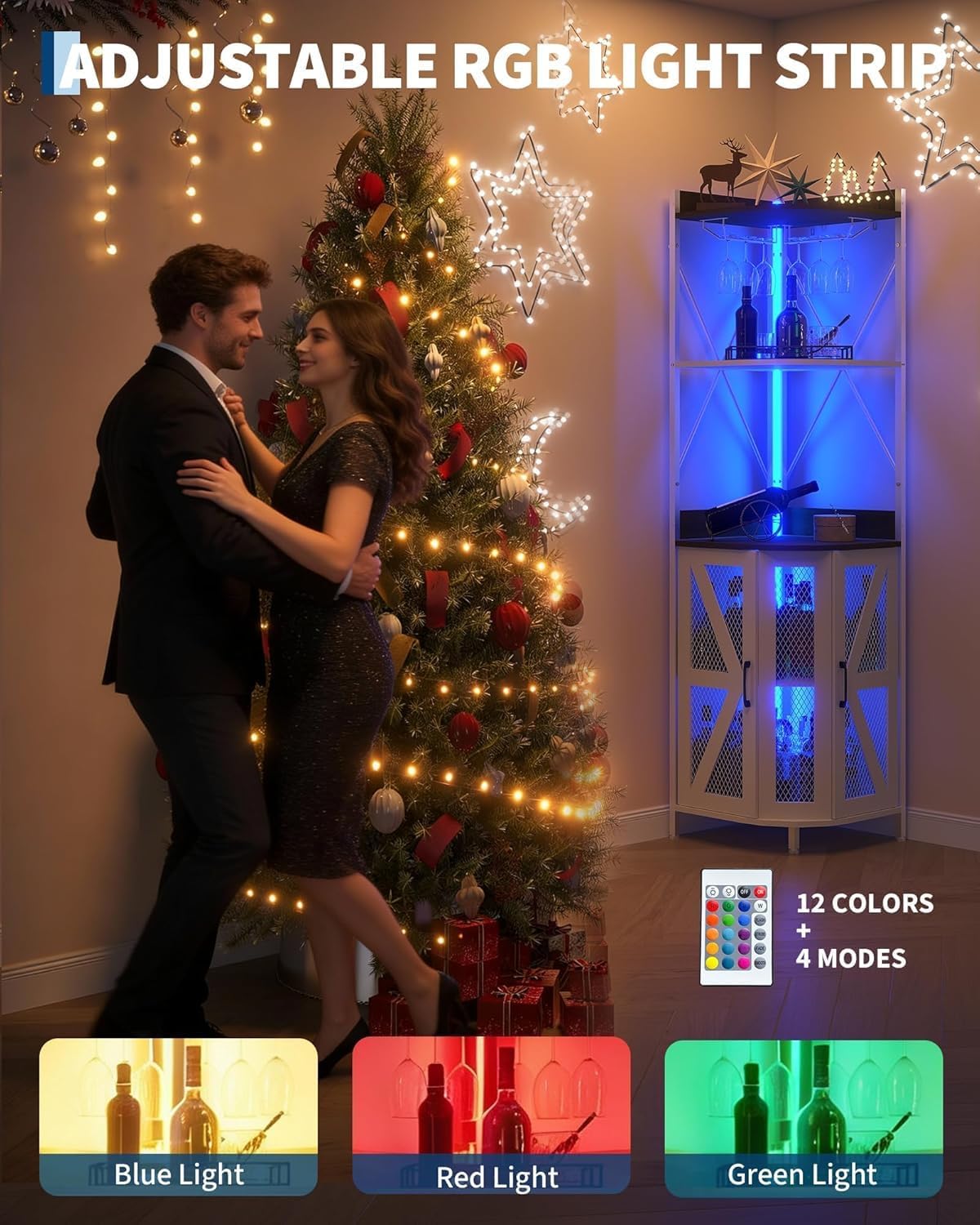 Eck-Barschrank Mit Steckdose Industrieller Weinschrank Mit LED-Streifen Und Glashalter, 5-Stöckiges Sideboard-Buffetschrank Freistehender Kaffee-Barschrank Für Wohnzimmer, Hausbar