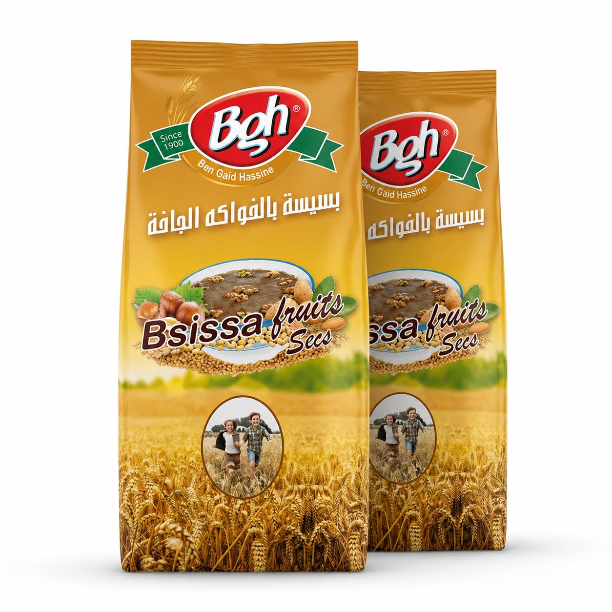 Bsissa Traditional Cereal Mix - Blé, Barley (Orge) & Nuts (Fruits Secs) Variations - Ben Gaid Hassine BGH, Roasted Grain Flour Blend, Authentic Tunisian Breakfast & Energy Food (2 x Bsissa Fruits Secs 500g)