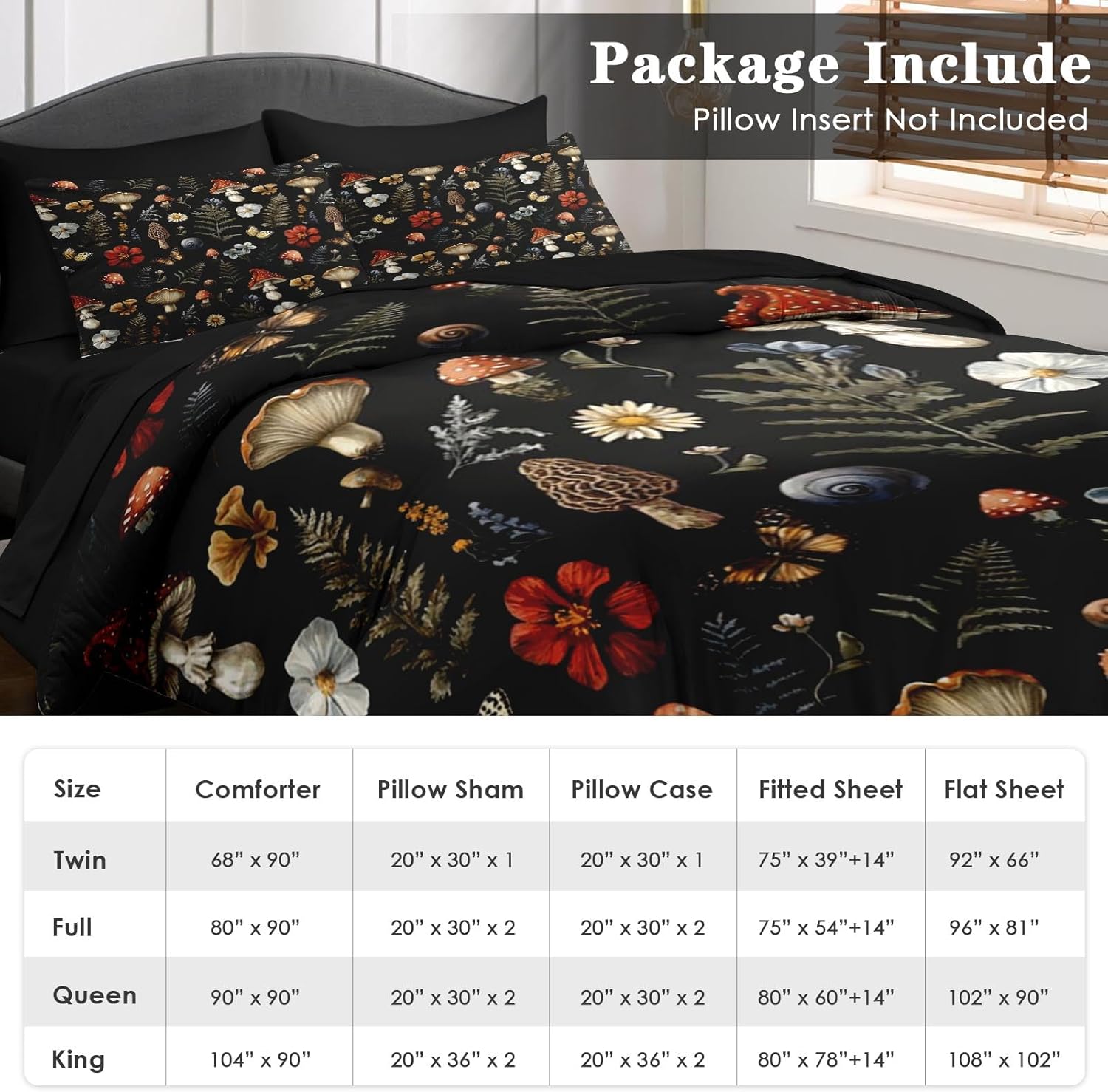 Pamnest Comforter Set Queen Size, Woodland Mushroom 7 Pcs Bedding for Kids and Adults, Fern Plants Botanical Bed Sheet Sets with Fitted Sheet 2 Pillowcases & 2 Shams for Bedroom Bed Decor