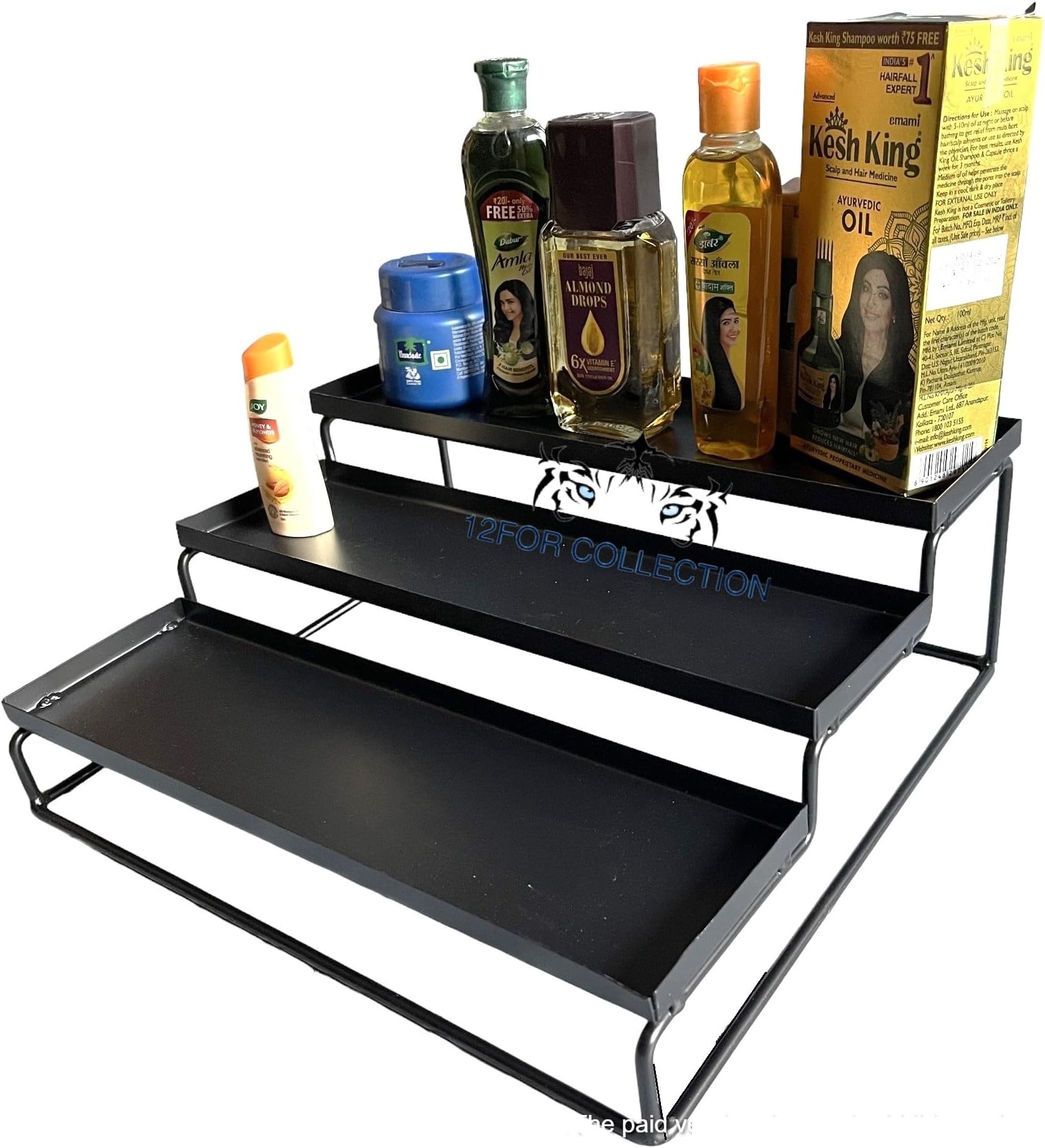 12FOR COLLECTION Kitchen 3-Tier Step Standing rack Kitchen Spice Bottle Rack Utensil Holder Food Storage Organizer for Cabinet Cupboard Pantry Shelf Bathroom Rack (Pack of 1, Black)