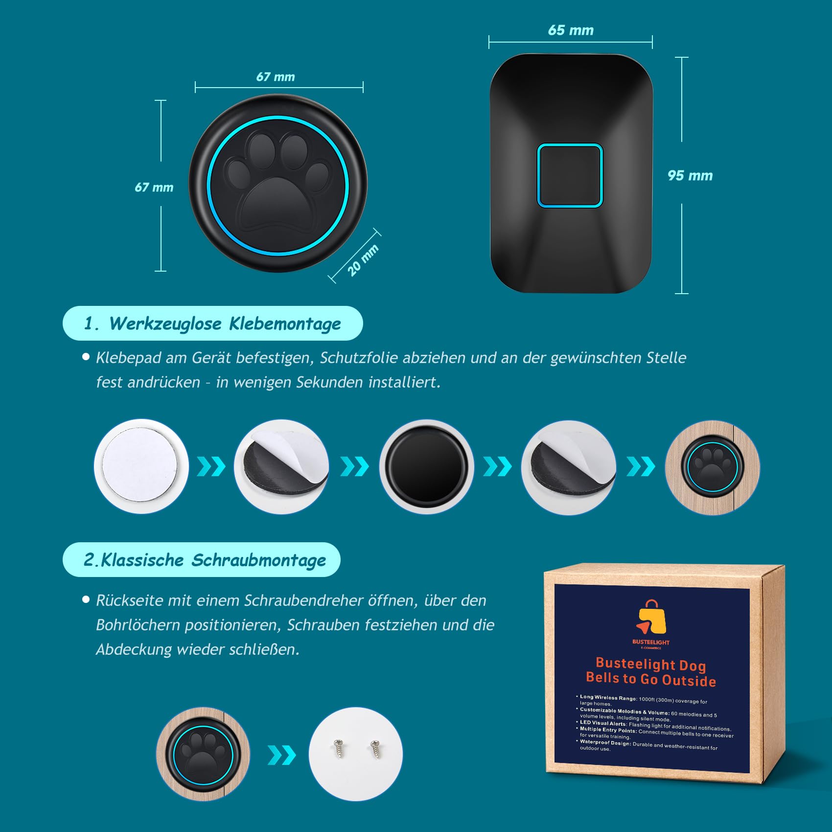 A88 Katzenklingel & Hundeklingel – Kabellose Türklingel mit Touch-Sensor, 300 m Reichweite, LED, 60 Melodien, Wasserdicht, Buzzer Hund, Katzen Klingel Tür Außenbereich (1 Klingeltaster + 1 Empfänger)