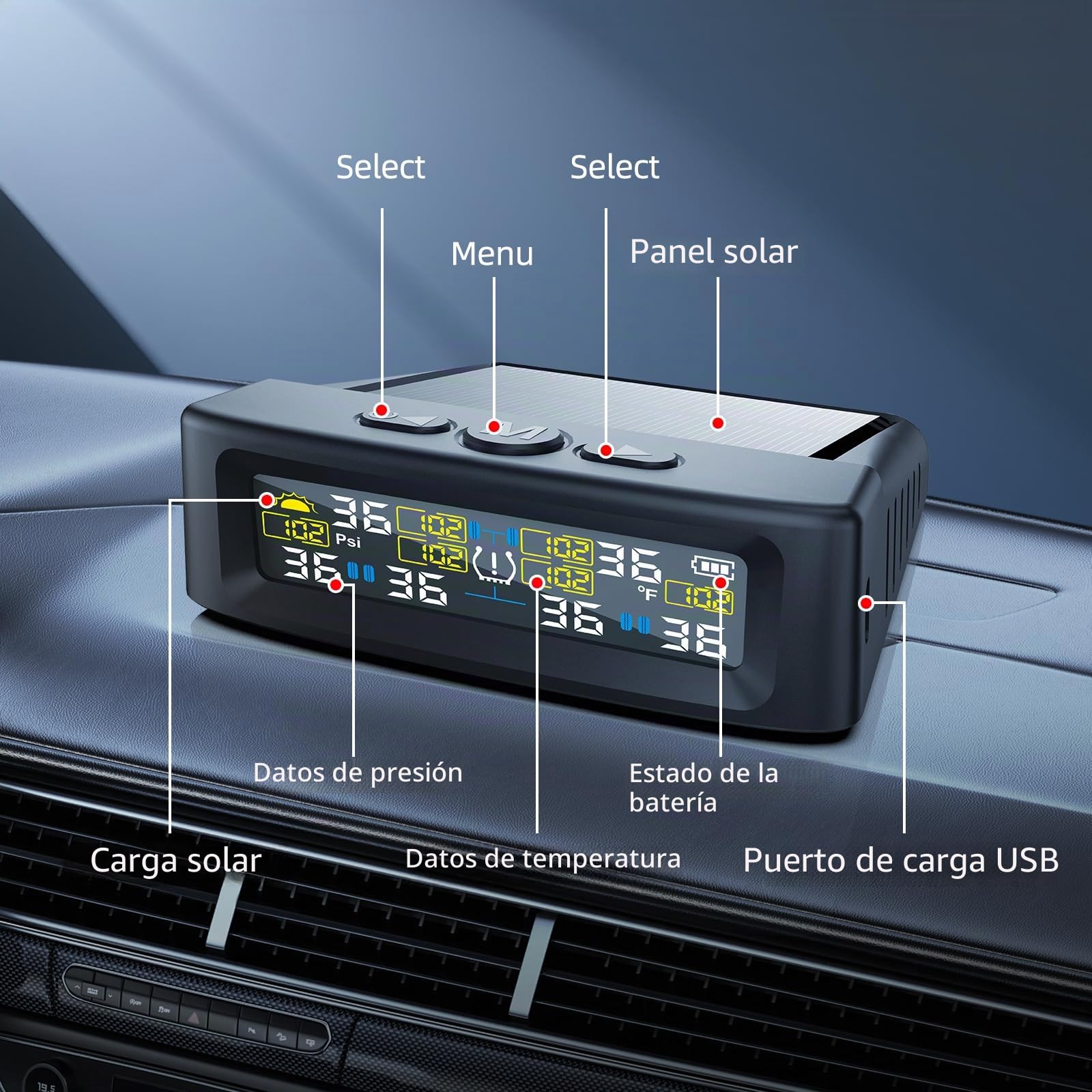 Sistema de control de presión de neumáticos KAOLALI compatible con 6 ruedas, con monitor de presión de neumáticos con pantalla digital, 9,9 bares/144 PSI máx., carga solar y USB, para camiones