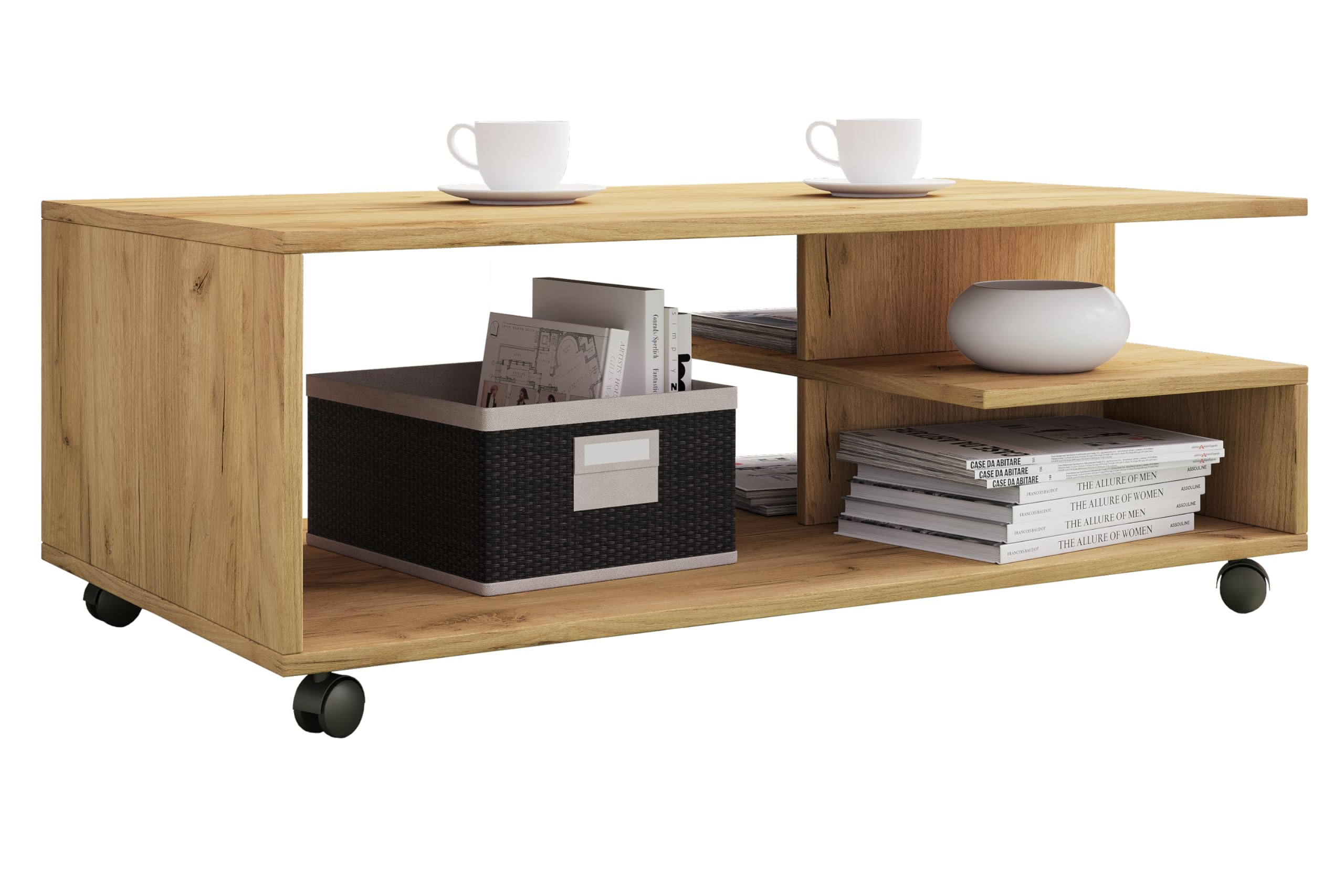 VCM Holz Couchtisch Sofatisch Wohnzimmertisch Rollen rollbar Kaffeetisch Stango XL Honig-Eiche