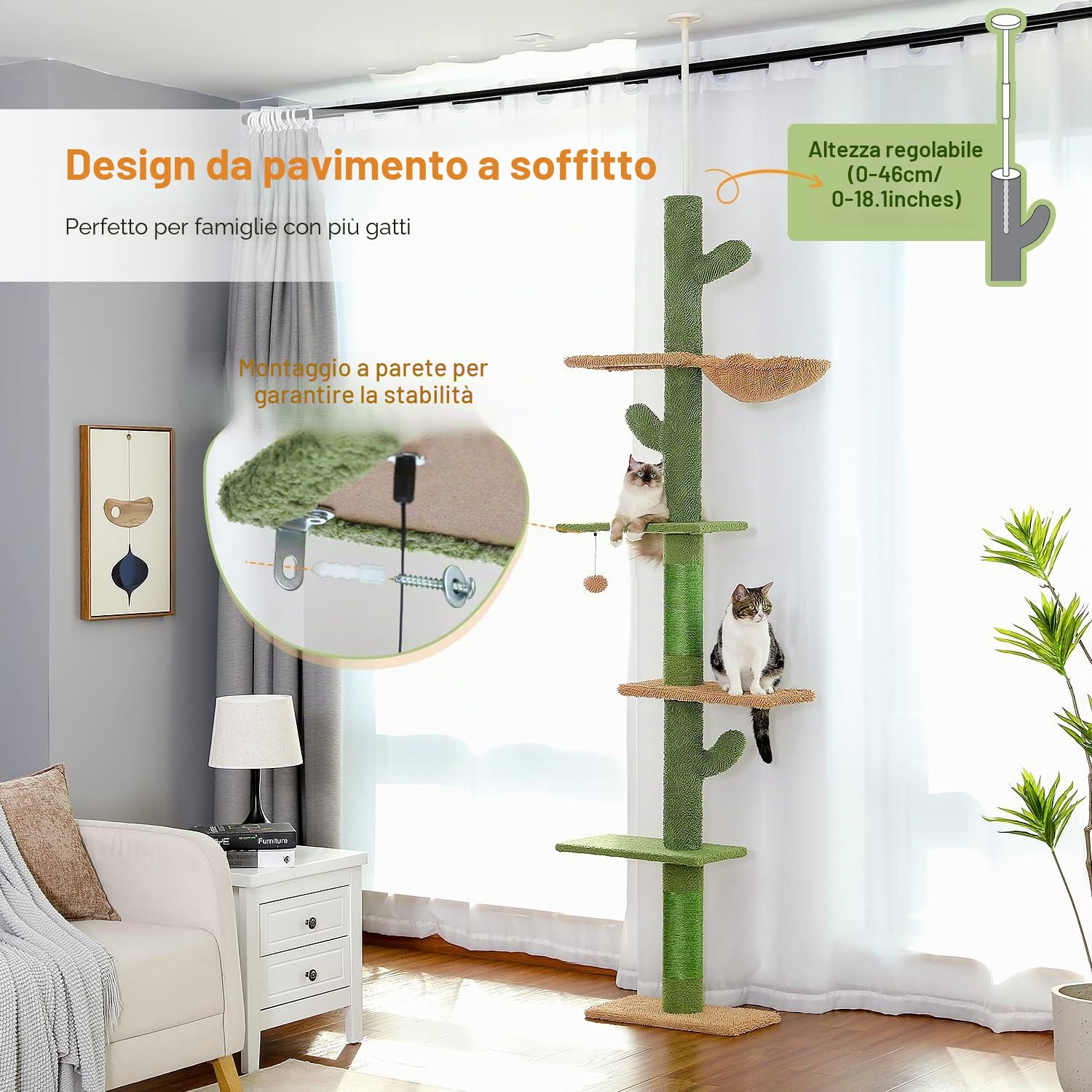 PAWZ - Tiragraffi a forma di catus, da terra fino al soffitto, tiragraffi a torre per gatti con altezza regolabile (229-275 cm), 5 ripiani, con comoda amaca, ripiani e palline penzolanti