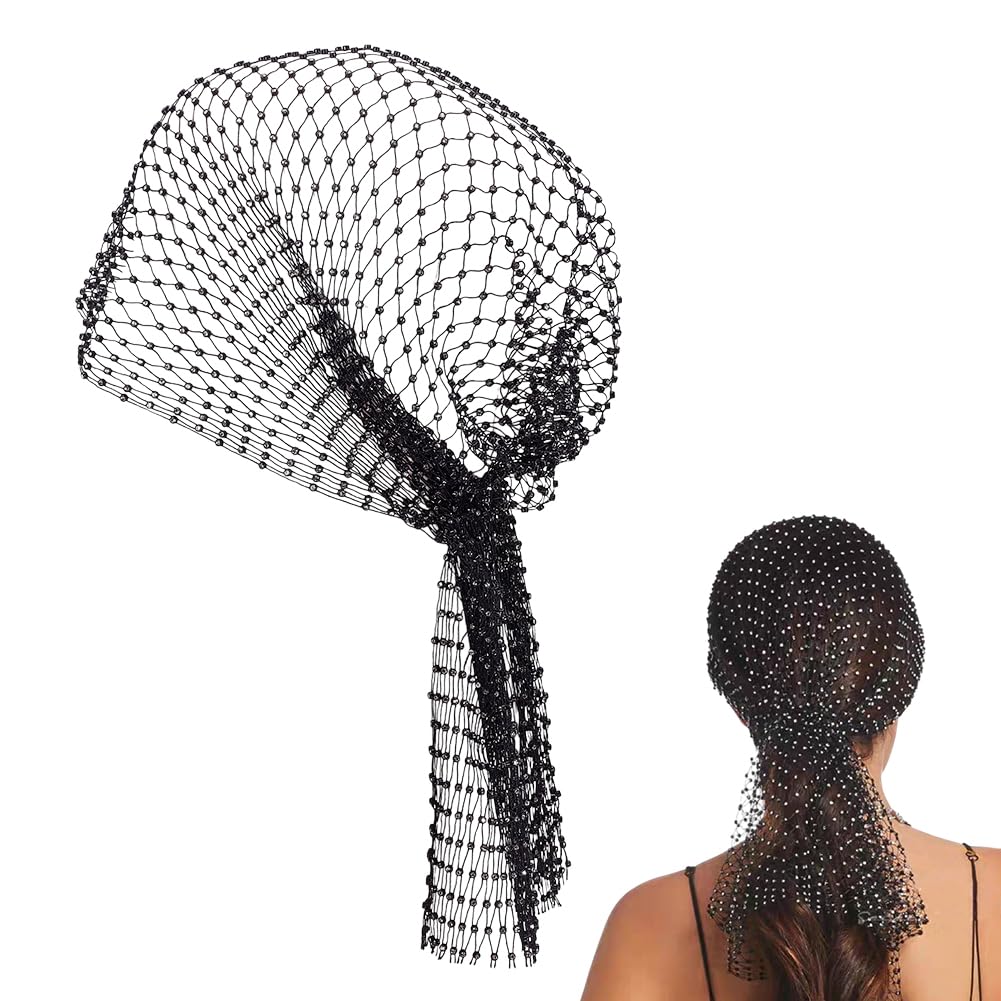 FINGERINSPIRE Black Rhinestone Mesh Headbands for Women 455mm Rhinestone Stretchy Headwraps Polyester Rhinestones Head Scarf Glitter Hollow Out Hairbands for Female Nightclub Rave Hair Accessories