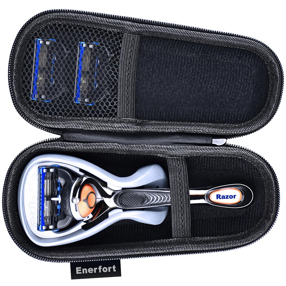 Hard EVA Razor Travel Case Compatible with Gillette Men's Razor - Mesh Pocket for 2 Razor Blades + Lightweight Carrying Handle + Durable Zipper (Only Case) (Blue)