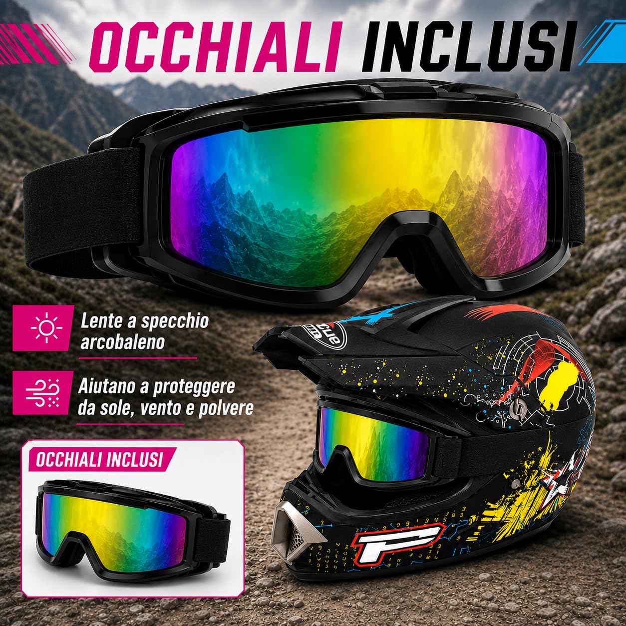 Casco Moto Cross Adulto Multicolore, Set 4 in 1 per Off-Road e MTB