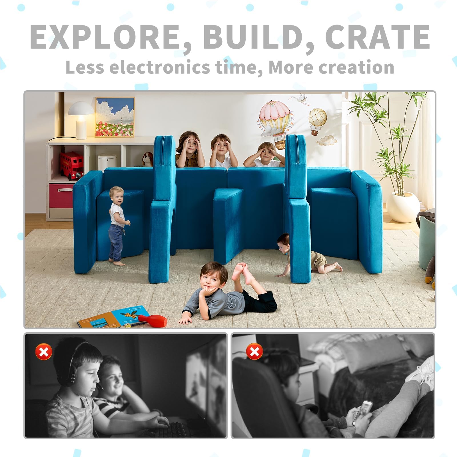 Spielsofa für Kinder 13-teilig, Modulares Kindersofa für Spielzimmer, 13-in-1 Multifunktionssofa zum Spielen, Kreativsein und Schlafen, Indoor-Kindercouch für Jungen und Mädchen