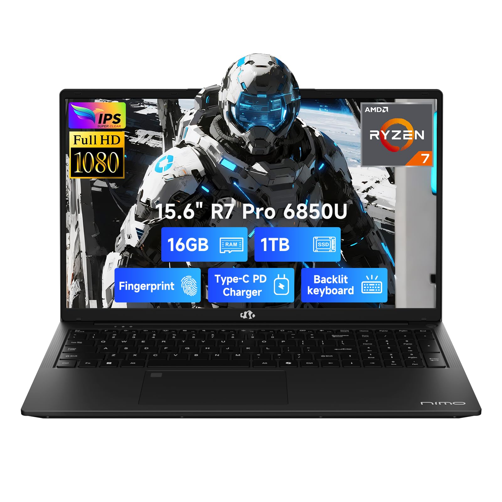 NIMO 15.6" Light-Gaming-Laptop, 8 Cores AMD Ryzen 7 Pro 6850U 16GB LPDDR5 RAM 1TB SSD (Beat i7-1360P Up to 4.7GHz) AMD Radeon 680M GPU IPS FHD Computer with 100W Type-C Backlit Keyboard Fingerprint