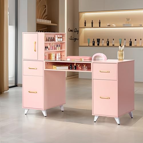 Henf Manicure Table Nail Makeup Desk Station, Modern Beauty Salon Workstation Nail Station Desk Nail Art Equipment with Drawers & Storage Cabinets & Side Shelves (Pink)
