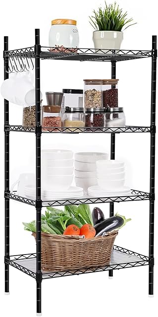 VOONEEN 4 Tier Shelving Unit, Metal Shelving Unit Free Standing Small Storage Rack with 4 Hooks, Wire Organisation Racking Shelves for For Pantry Kitchen Livingroom Bathroom Office, 45*30*90 CM