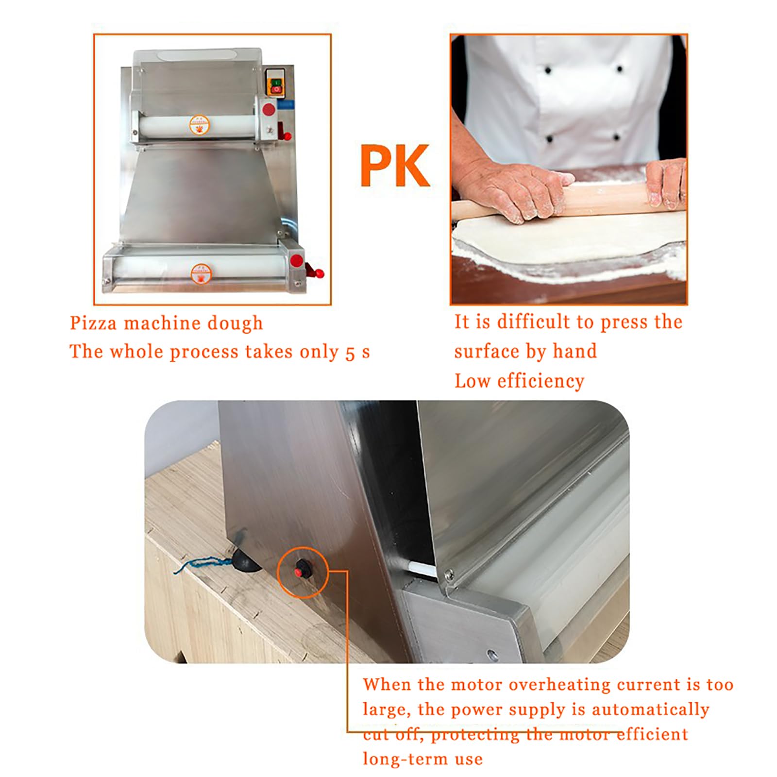 Pressa per Pizza Professionale, Sfogliatrice Automatica per Pizza con 2 Rulli Regolabili, Dimensione Pizza da 3 a 38 Cm E Spessore Regolabile da 0,6 Cm a 0,5 Cm, capacità di 250 Pizze/h
