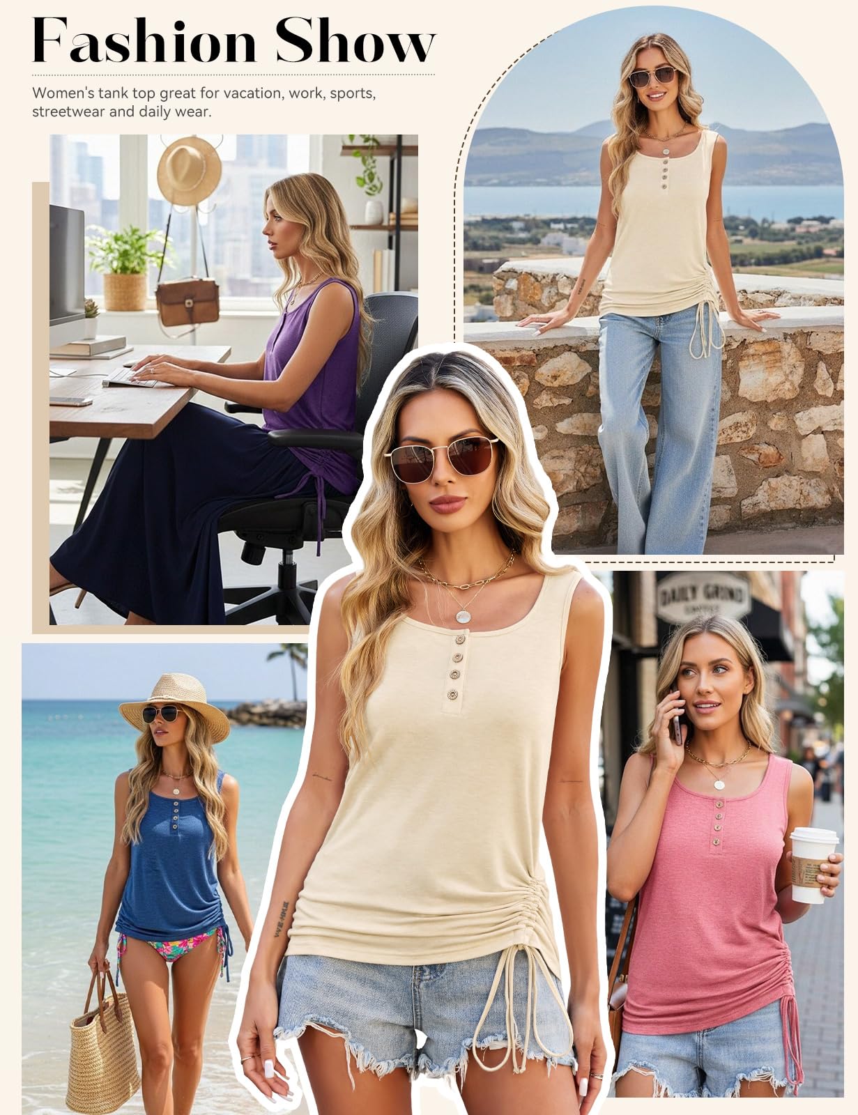 Tank Top damski top bez rękawów, na lato, na co dzień, okrągły dekolt, seksowny, elegancki tank top z boku ściągaczem, basic, luźna koszulka