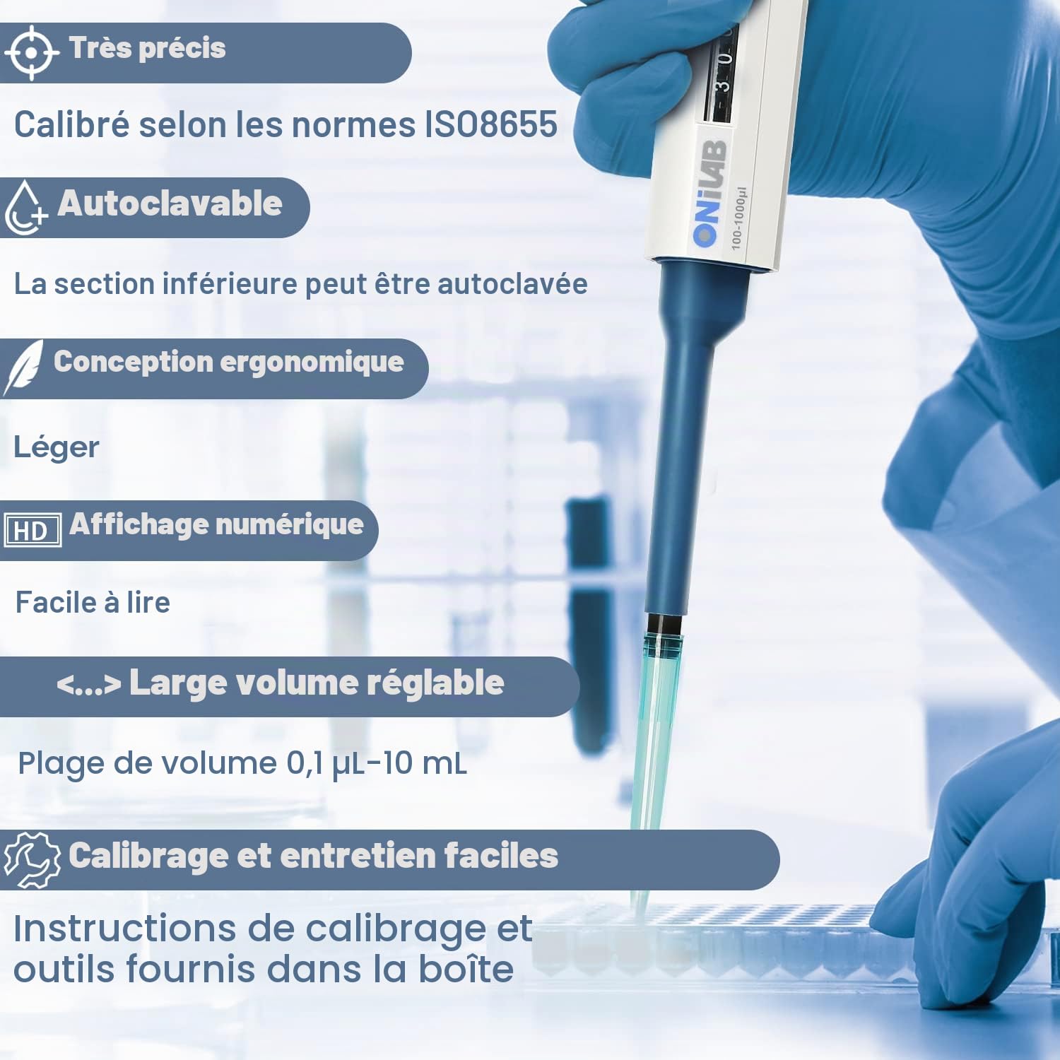 ONiLAB Micropipette de laboratoire, volume réglable, pipettes à canal unique, 10-100 uls