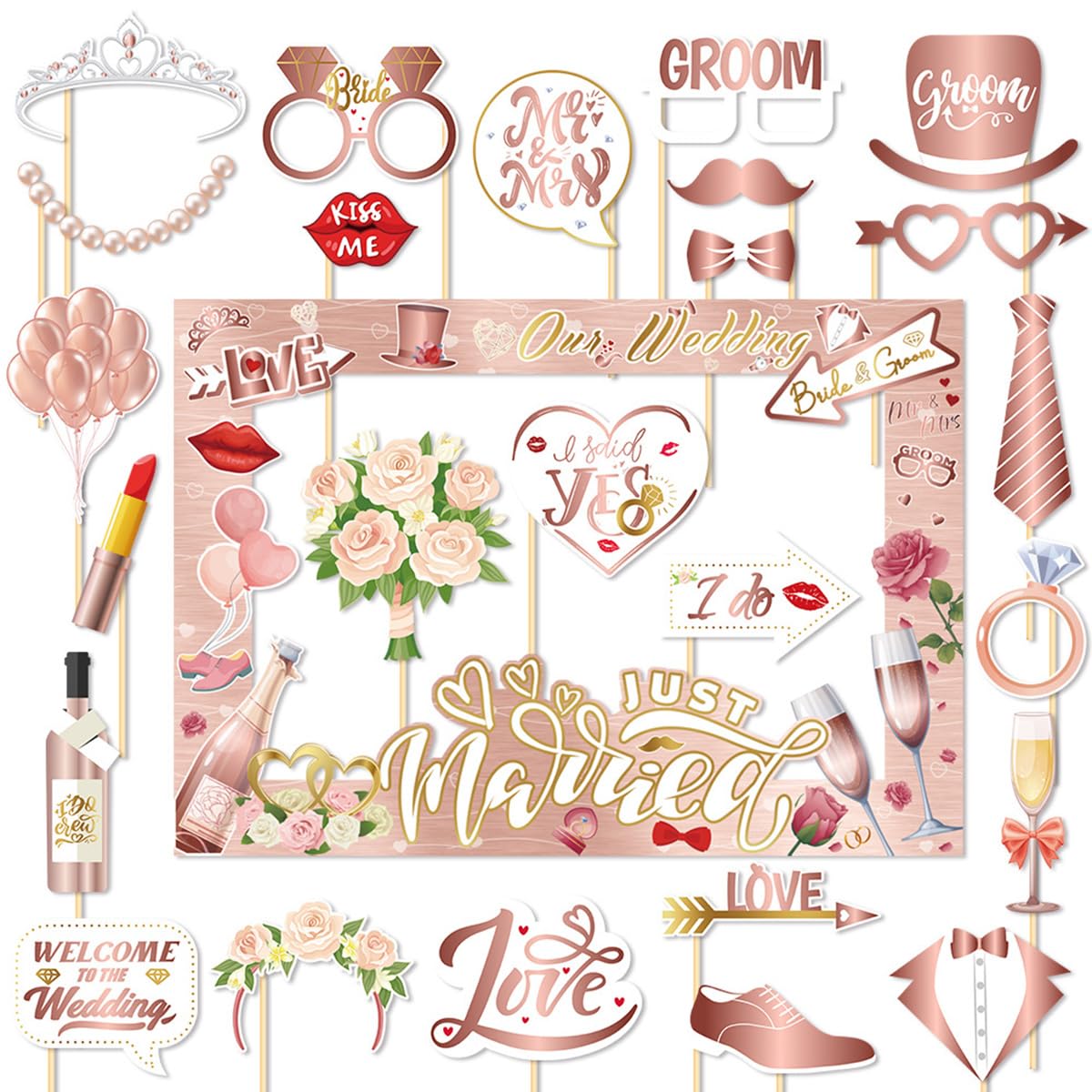 Rose Gold Photo Booth Props - 26-Piece Wedding & Bachelorette Party Decor Kit