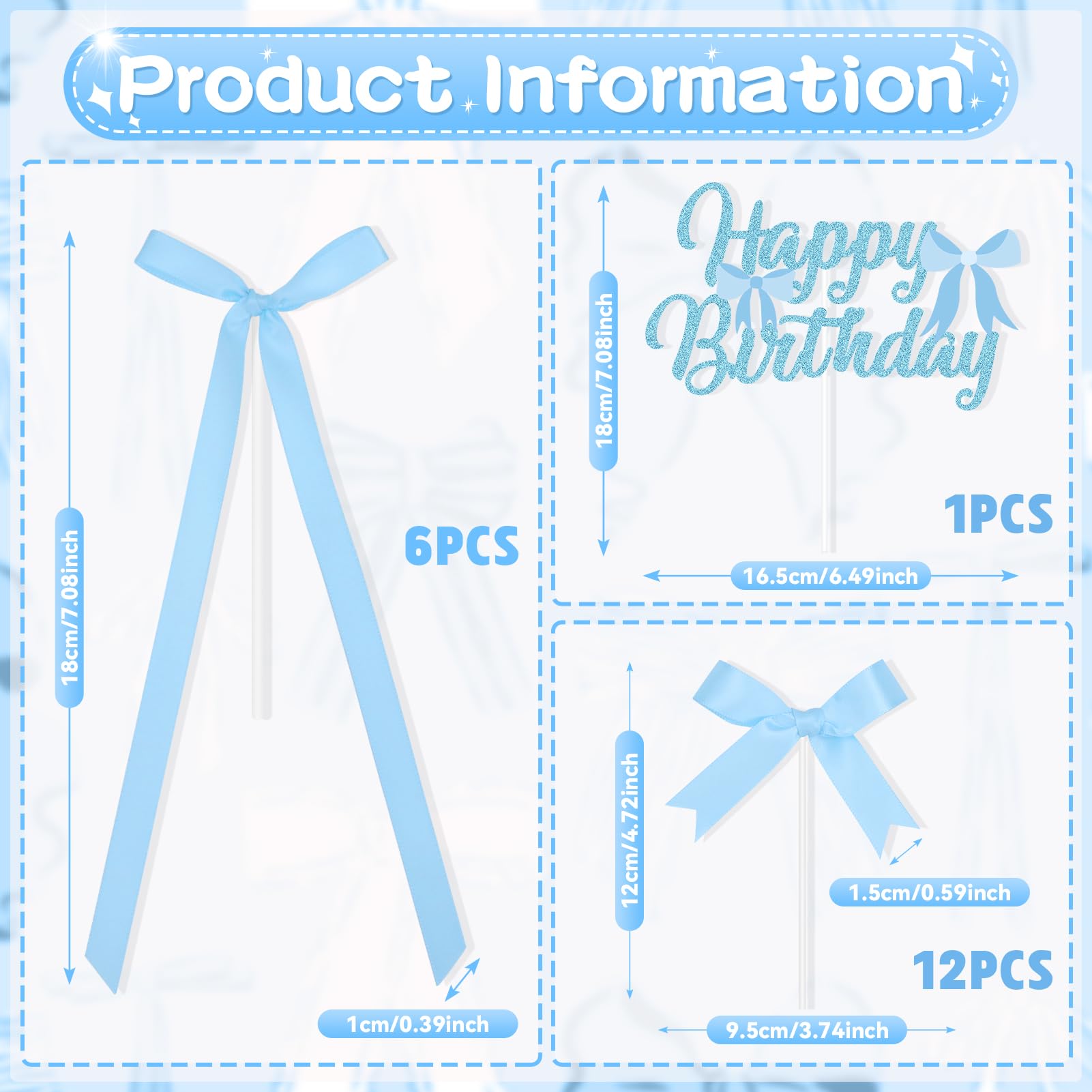 Blue Bow Birthday Decorations with Happy Birthday Sign, 6Pcs Ribbion Bow Cake Topper & 12Pcs Bow Cupcake Toppers, Bow Party Cake Decor, Tying the Knot Bridal Shower Party Supplies