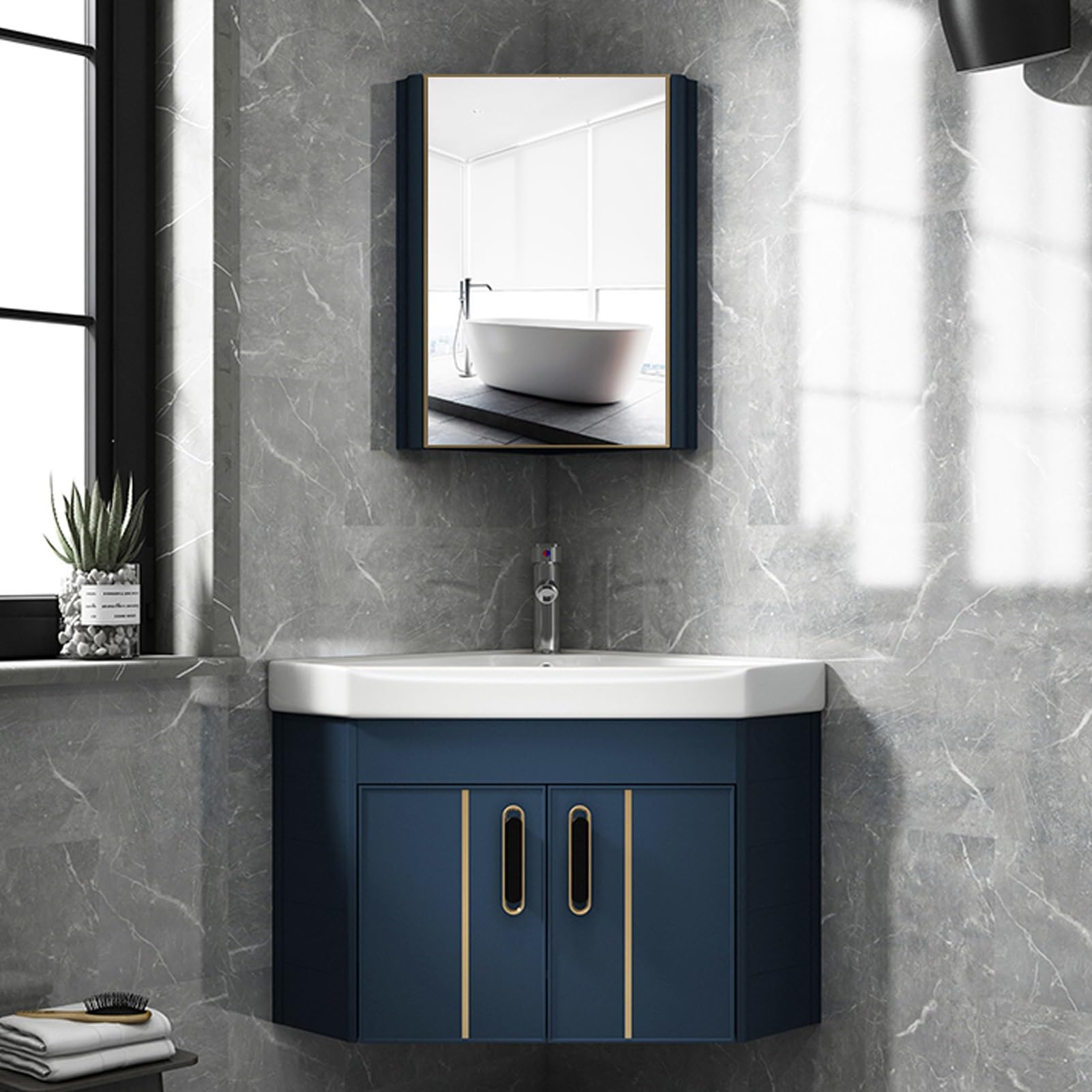 GLJTUO Corner Wall Mount Bathroom Vanity with Ceramic Sink Storage Container and Cabinet Space Saving Aluminum Material,Blue-48cm/18.9in
