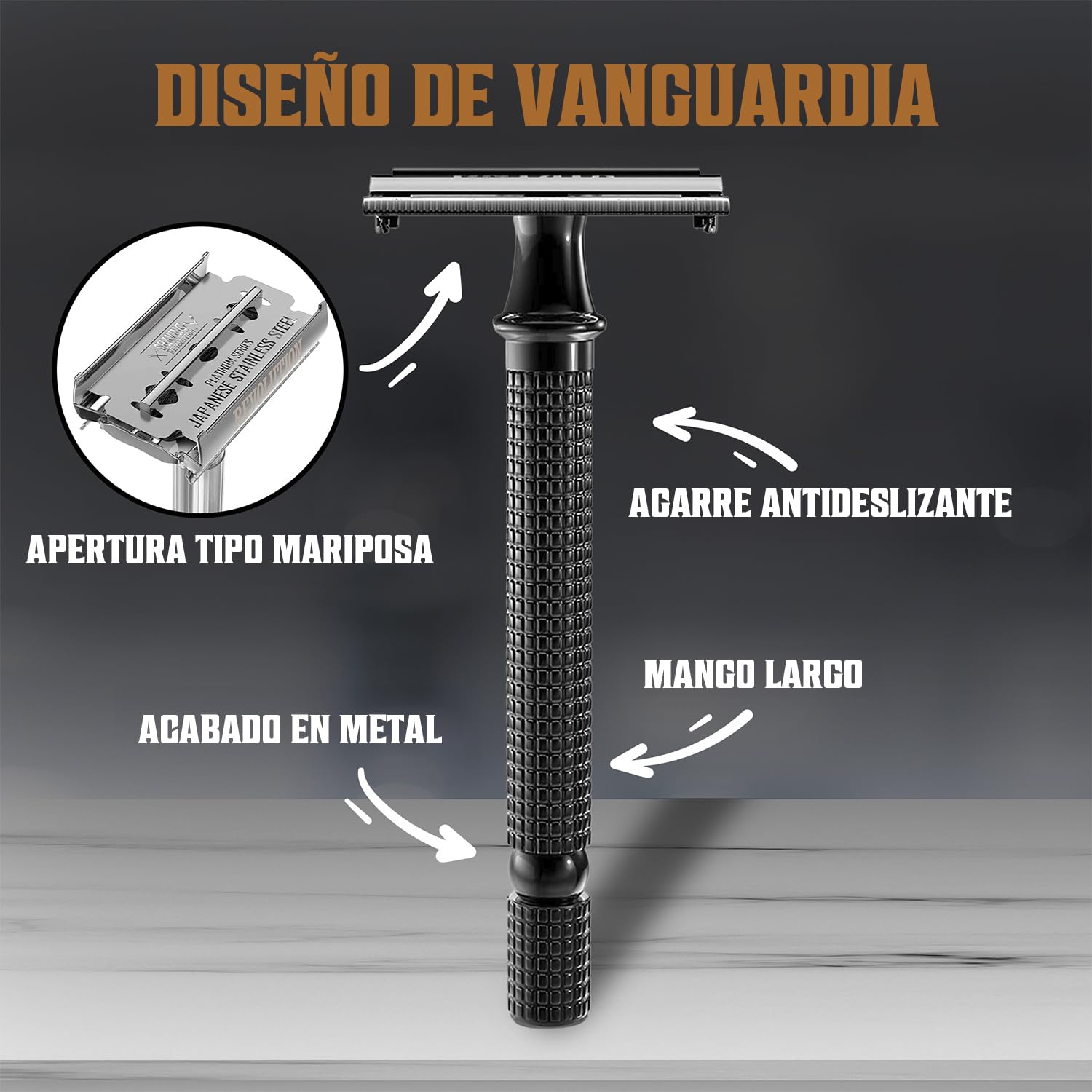 Maquinilla de afeitar de doble filo con mango largo y cuchilla de afeitar de doble filo de acero inoxidable japonés, con apertura de mariposa, para hombre