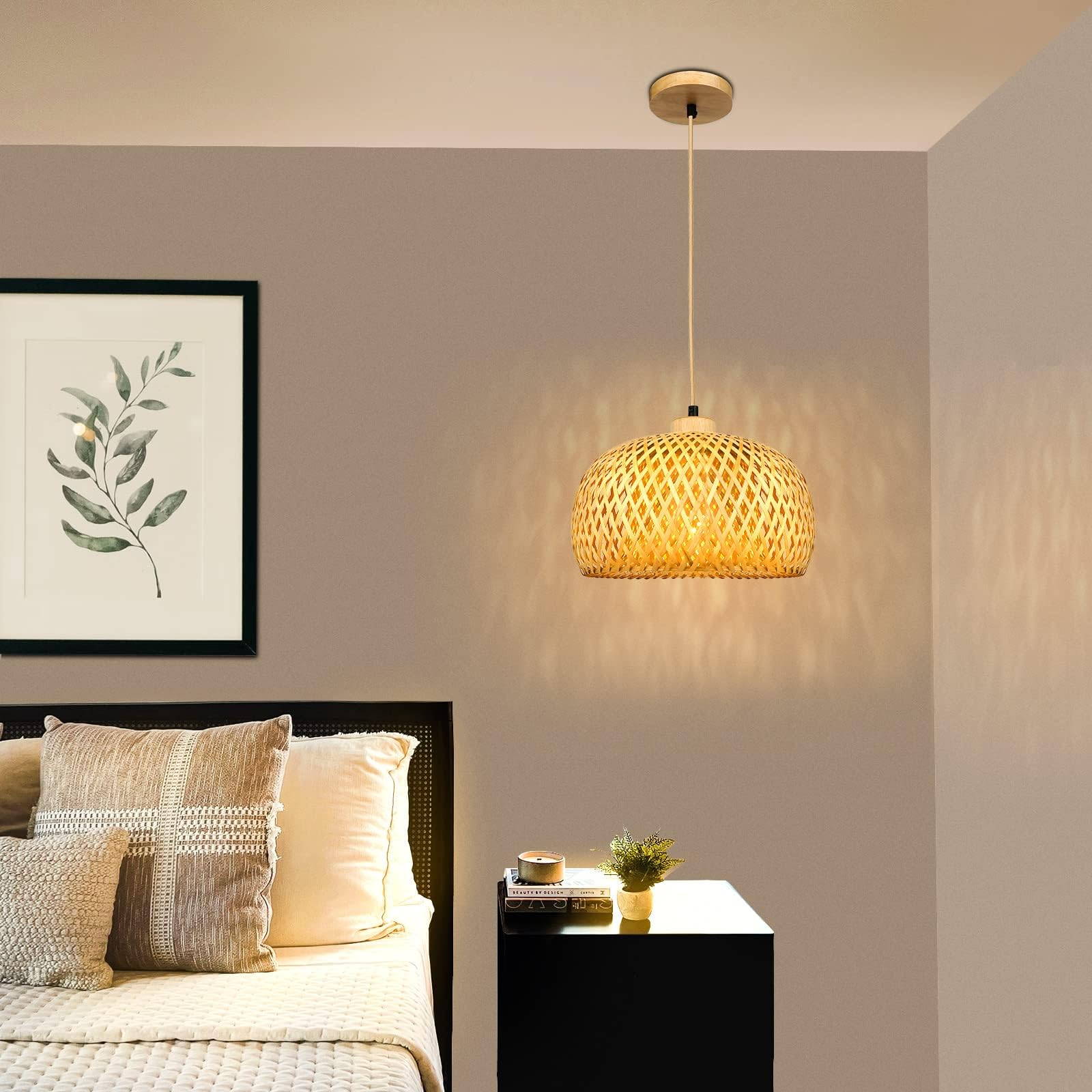 FRIDEKO HOME Hängelampe Rattan Natürlicher Bambus Pendelleuchte Esstisch mit E27 Fassung,Boho Lampe Deckenlampe Korb Lampenschirm Rattan für Schlafzimmer Wohnzimmer Flur Küche