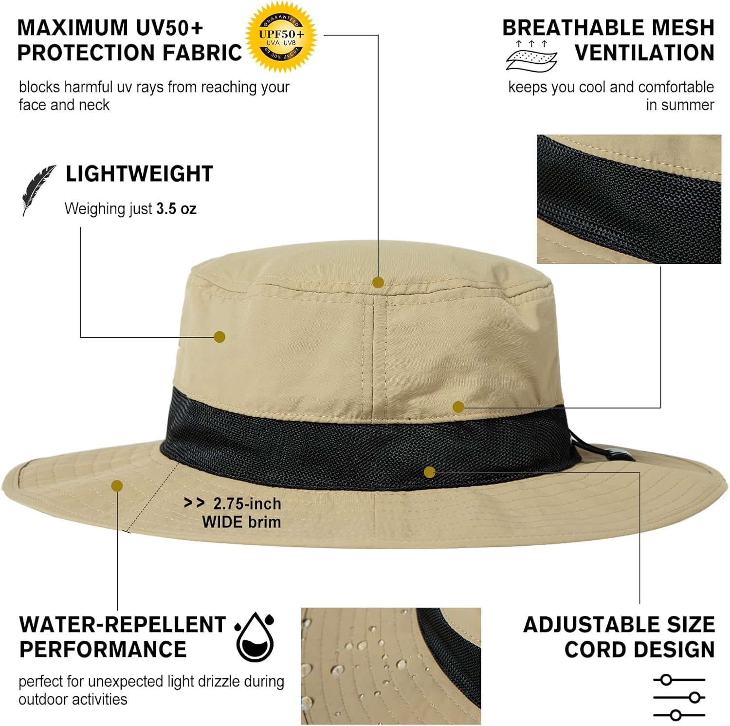 Oversized XL XXL Waterproof Sun Hat for Big Heads Mesh Bucket Hat Wide Brim Adjustable Packable Hiking Beach Fishing - Image 2