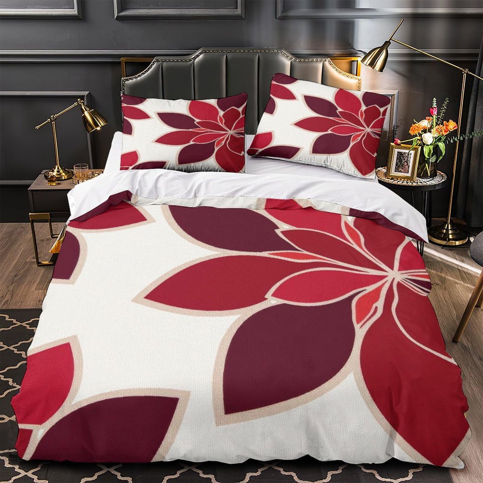 Housse de couette rouge motif floral 3D avec 2 taies 260x220cm