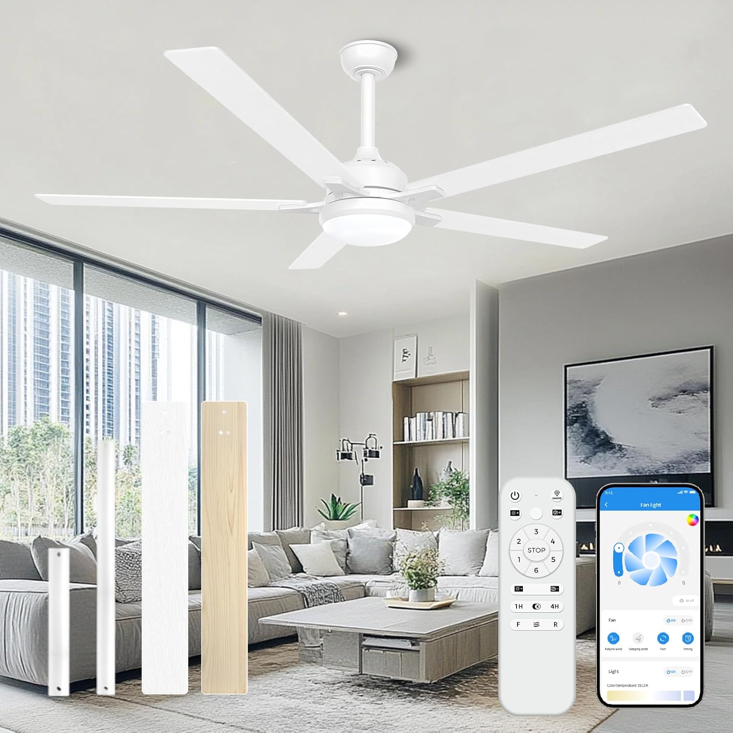 Ceiling Fans with Lights and Remote-60 Inch Industrial Ceiling Fan with Quiet DC Motor Dimmable 6 Speeds Timing Reversible Modern Ceiling Fan for Large Living Room Patio Indoor Outdoor-White