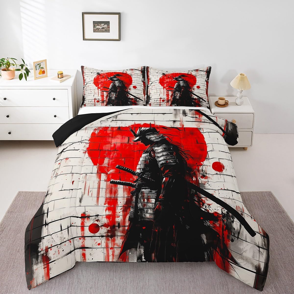 jejeloiu Japan Geisha Comforter Set Queen Size Kids Flower Floral Pattern Bedding Set for Boys Girls Teens Japanese Ocean Wave Style Duvet Quilt Room Decor