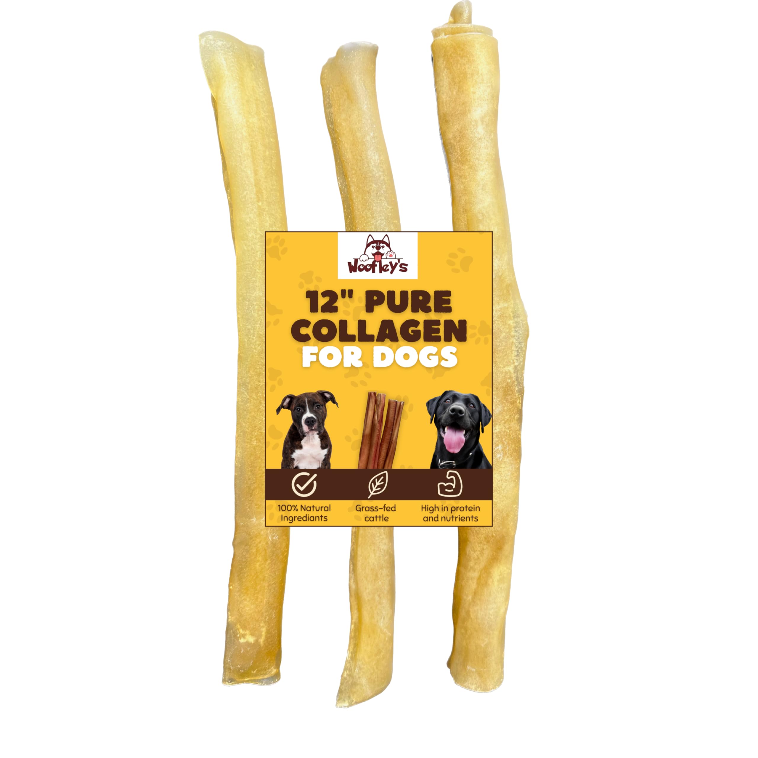 Woofley's 12 Inch Pure Collagen Sticks for Dogs (3 Count) - Collagen Chews for Medium & Large Dogs - Bully Stick Rawhide Alternative 12 Inch (Pack of 3)