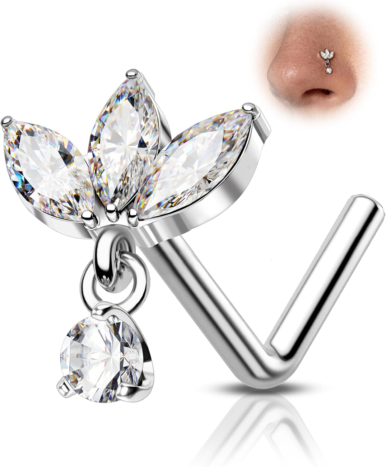 COCHARM Flower Titanium Nose Stud, 20g L Shape Sparkling Nose Ring Stud Cute G23 Pure Titanium Surgical Steel Silver Nostril Piercing Hypoallergenic