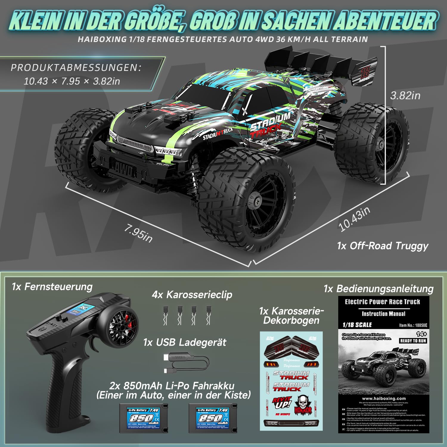 HAIBOXING Ferngesteuertes Auto 18858E, 1/18 Neues Modell 4WD 36+ km/h Hobby Offroad Monstertruck mit 2 Batterien, wasserdichte RC Truggy RTR Geländegängig Spielzeug 35 Minuten Laufzeit