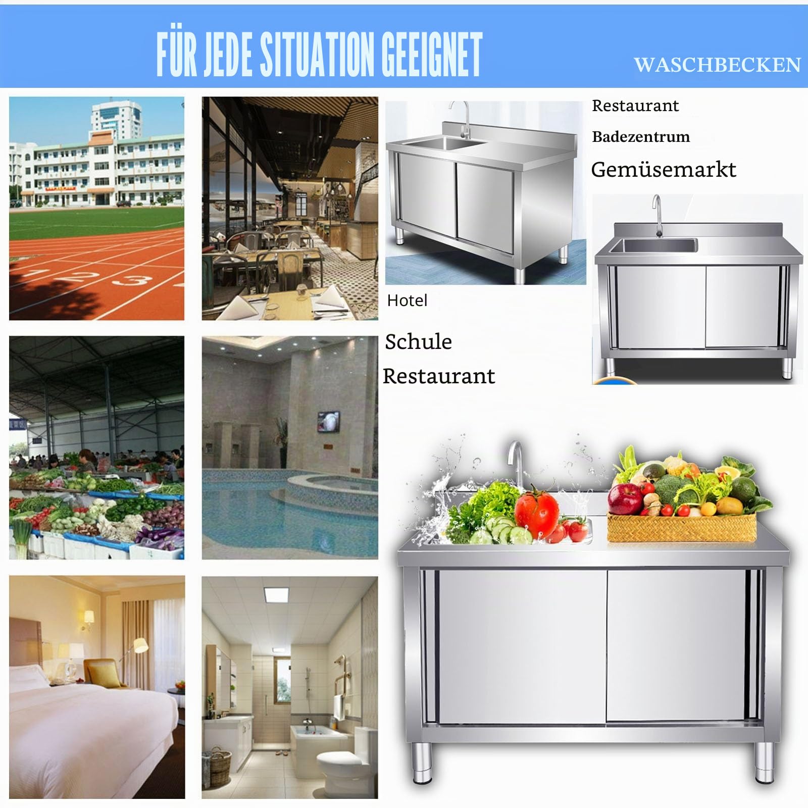 Edelstahl Spültisch Spülenschrank, Mit Spüle Und Armatur, Outdoor Spüle, Freistehende Mobile Schranktür, Mit Unterschrank, Spülbecken Ausgussbecken Küchenspüle, Für Außen Werkstatt Küche(120x50cm)
