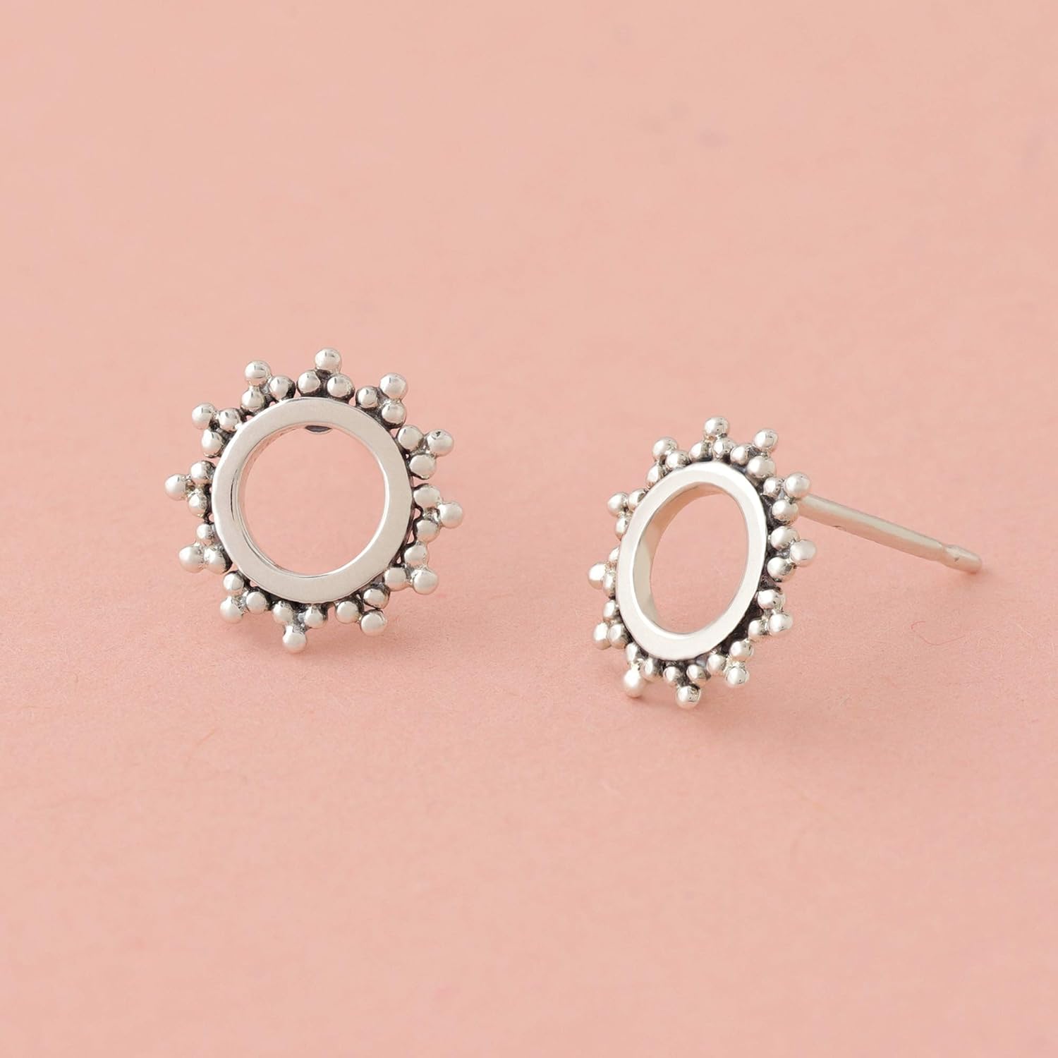 Boma Jewelry Sterling Silver Bohemian Balinese Beaded Texture Open Circle Sun Stud Earrings - Image 4