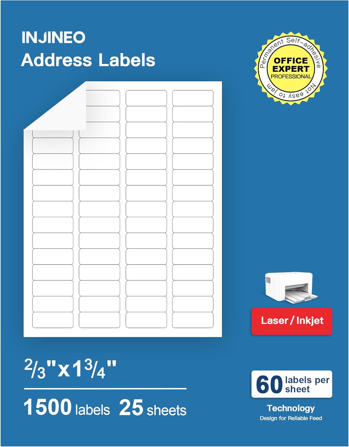 Product image of Address Labels, 2/3" x1-3/4 Shipping Address Labels for Inkjet & Laser Printers, Return Address Labels Compatible with 5195, 8195 and 18294 Labels, Easy to Peel (1500 Labels, 25 Sheets)