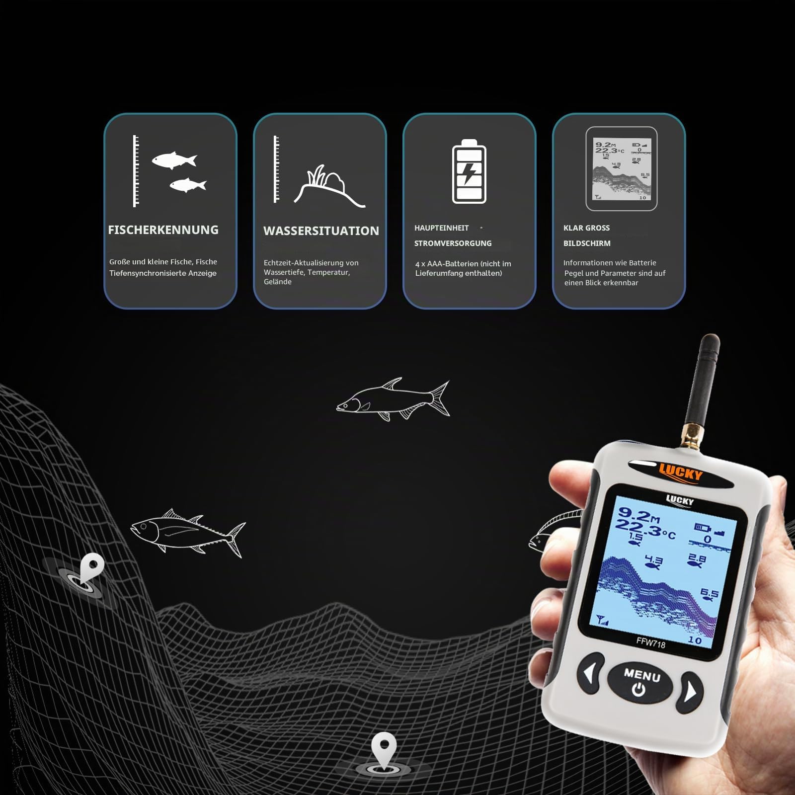 LUCKY Drahtloser Wassertiefe-Fischfinder Kajak Tragbarer Fischfinder Sonarsensor LCD-Anzeige Boot-Fischfinder für Ufer Kajaks Angeln FFW718