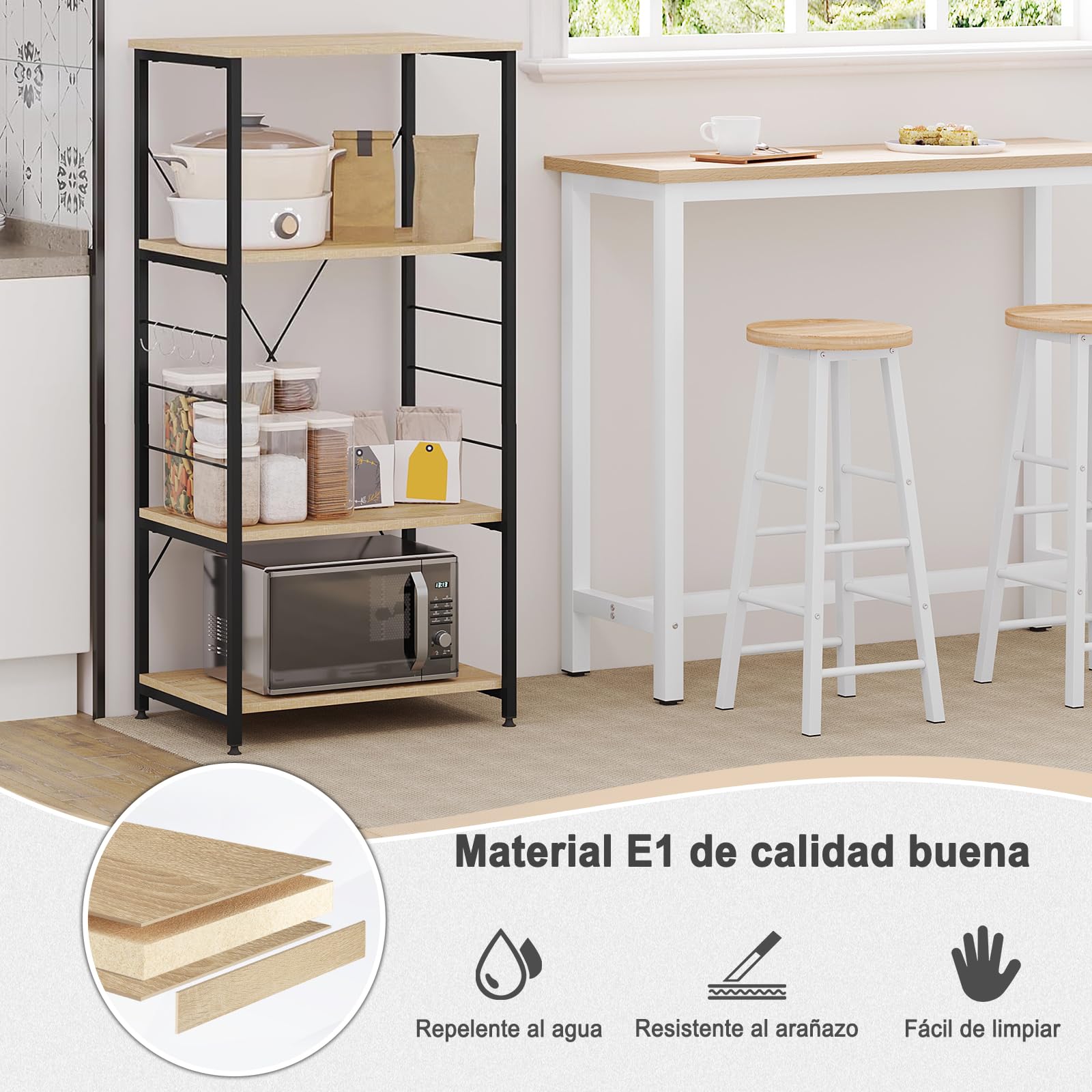 WOLTU Estantería de Cocina para Microondas de Metal y Madera, con 4 Estantes Aprox.60 x 40 x 123,5 cm Roble + Negro