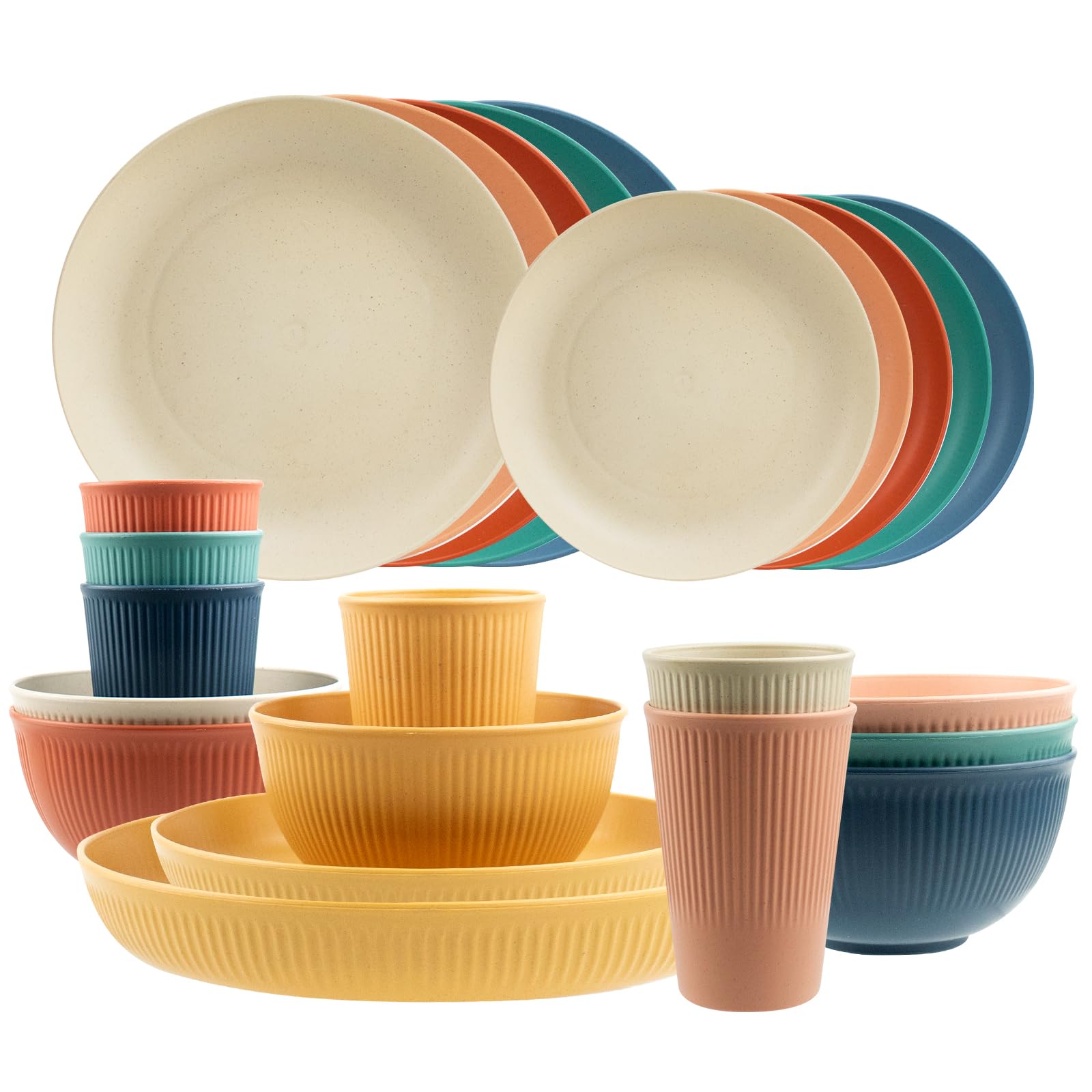 Wheat Straw Dinnerware Sets for 6, Osonm 24PCS Unbreakable Reusable Plastic Plates Bowls Cups Set, Dishwasher Microwave Safe Dishes Set for Kitchen, Dorm, Camping, RV, Picnic (Multicolor)