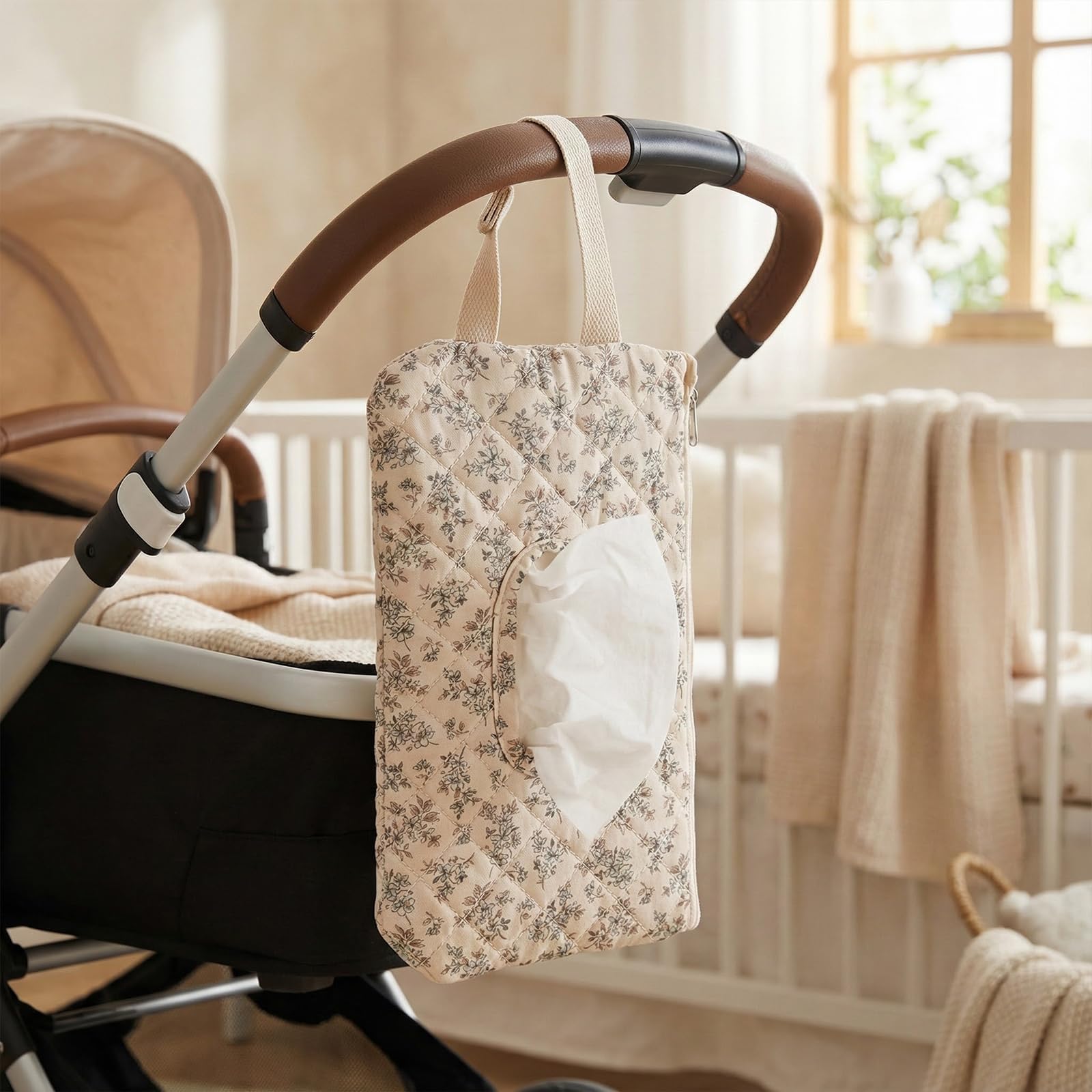 Quilted Baby Wipe Holder, Canvas Floral Quilted Pouch with Hanging Strap, Portable Diaper Wipe Holder for Travel Stroller-Hibiscus - 4