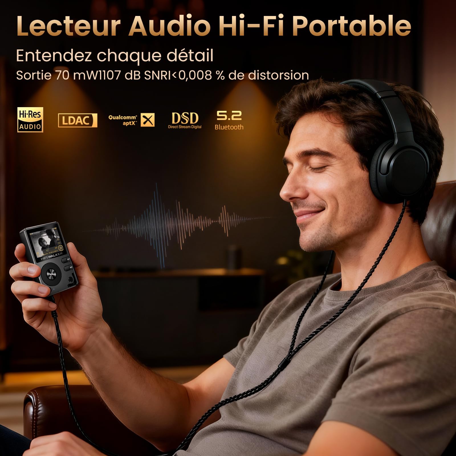 HIFI WALKER H2 Lecteur MP3 Bluetooth Hi-Res, Baladeur MP3 HiFi Audiophile 64 Go, DAC ESS DSD FLAC, Lecteur Audio Portable, Boîtier Zinc, USB DAC, Line Out, Extensible Jusqu’à 512 Go