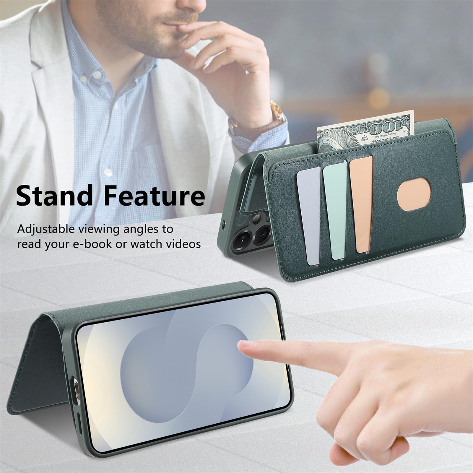 COQUE Samsung Galaxy S26 Plus Magnetic Wallet Case With Elastic Wrist Strap, Zintegrowany uchwyt na karty i regulowany uchwyt, Odporna na wstrząsy osłona ochronna - Zielony