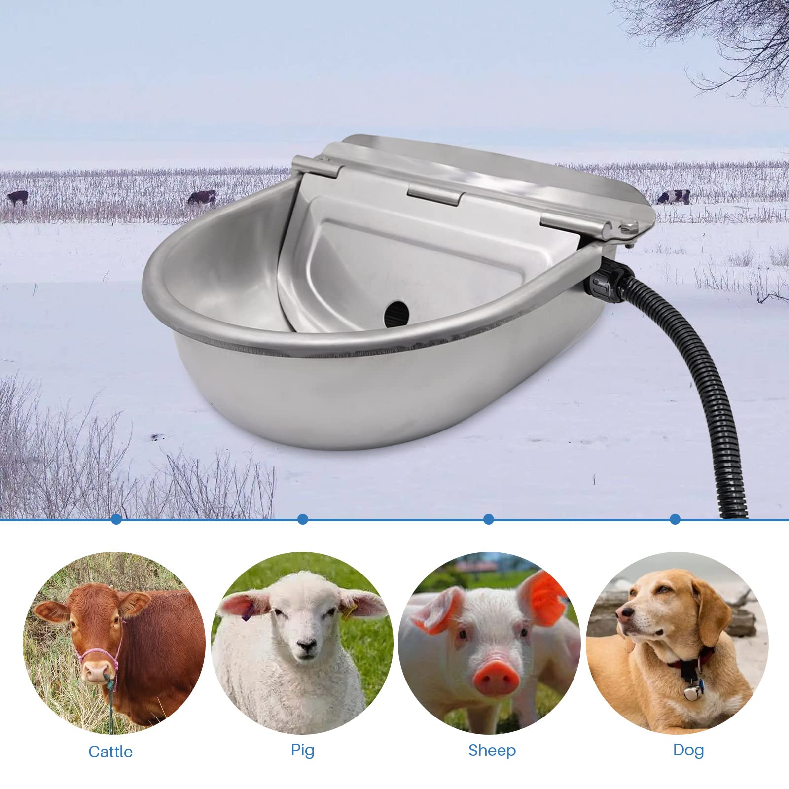 Bebedero de natación con calefacción de 24 V/220 V con tapón de desagüe de acero inoxidable calentado Termostato automático a prueba de heladas, bebidas para caballos de ganado ovejas (220 V)