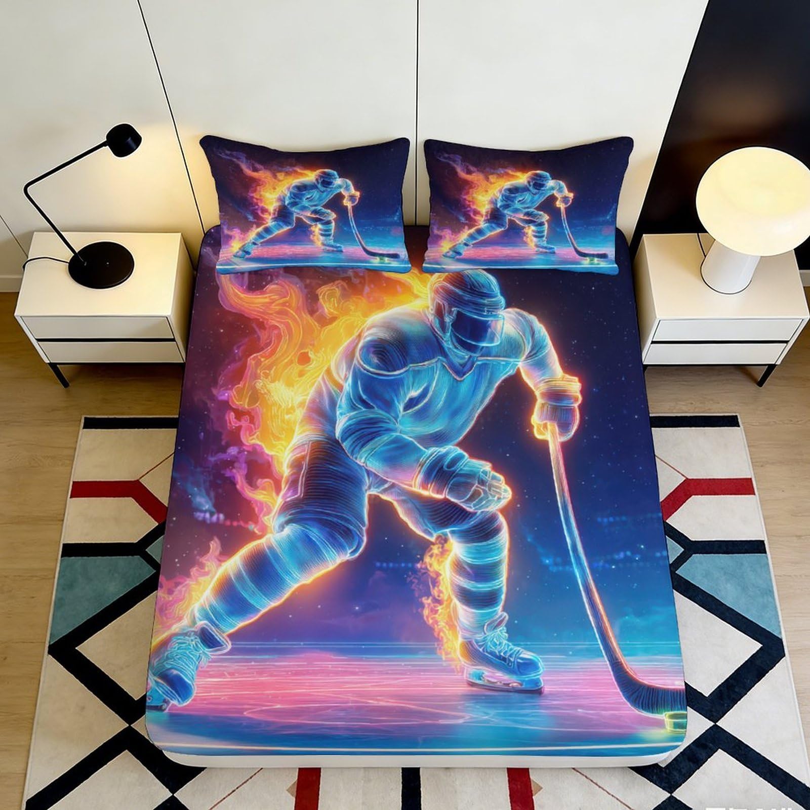 3D Printed Ice Hockey Player Fitted Sheet Microfiber Deep Pocket Non-Slip Ice Hockey Mattress Fitted Cover Bedding 90x200x25cm