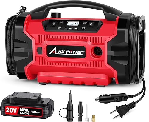 Avid Power Compresor de aire portátil para inflado de neumáticos, 3 fuentes de alimentación (110 V CA, 12 V CC, batería de 20 V), bomba de aire para