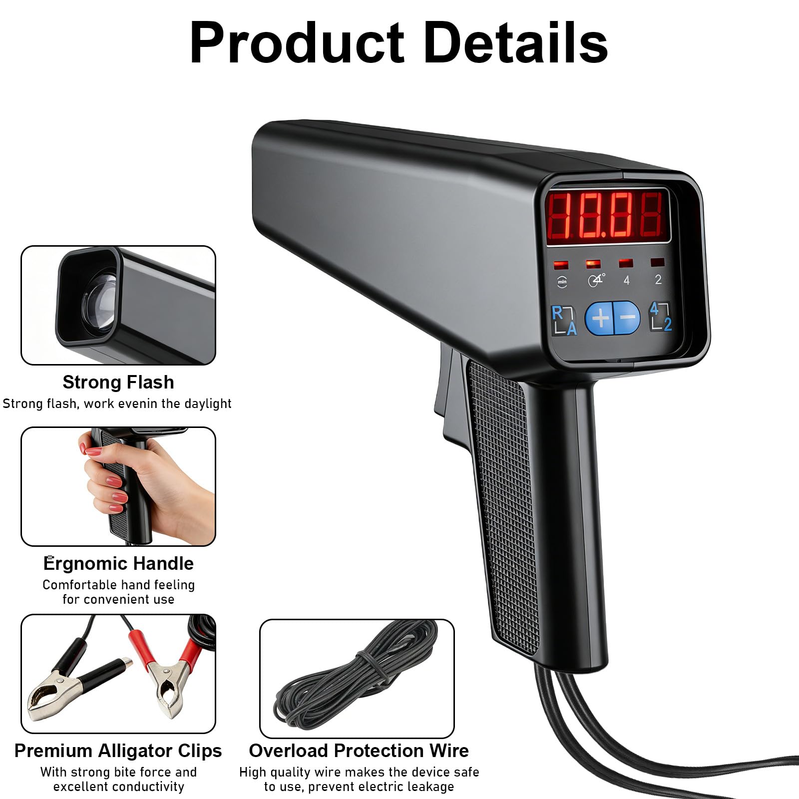 Pistola de luz de encendido con clip de sensor deslizante: lámpara estroboscópica de 6 V/12 V, pistola de tiempo de encendido con indicador digital LED para motores de gasolina de 2 y 4 tiempos