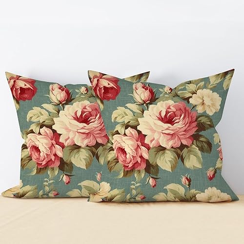 Miniatura 2 de Chinoiserie - Juego de 2 fundas de cojín con rosas de col rosa de 20 x 20 pulgadas, diseño de rosas románticas francesas aguamarina asiática,
