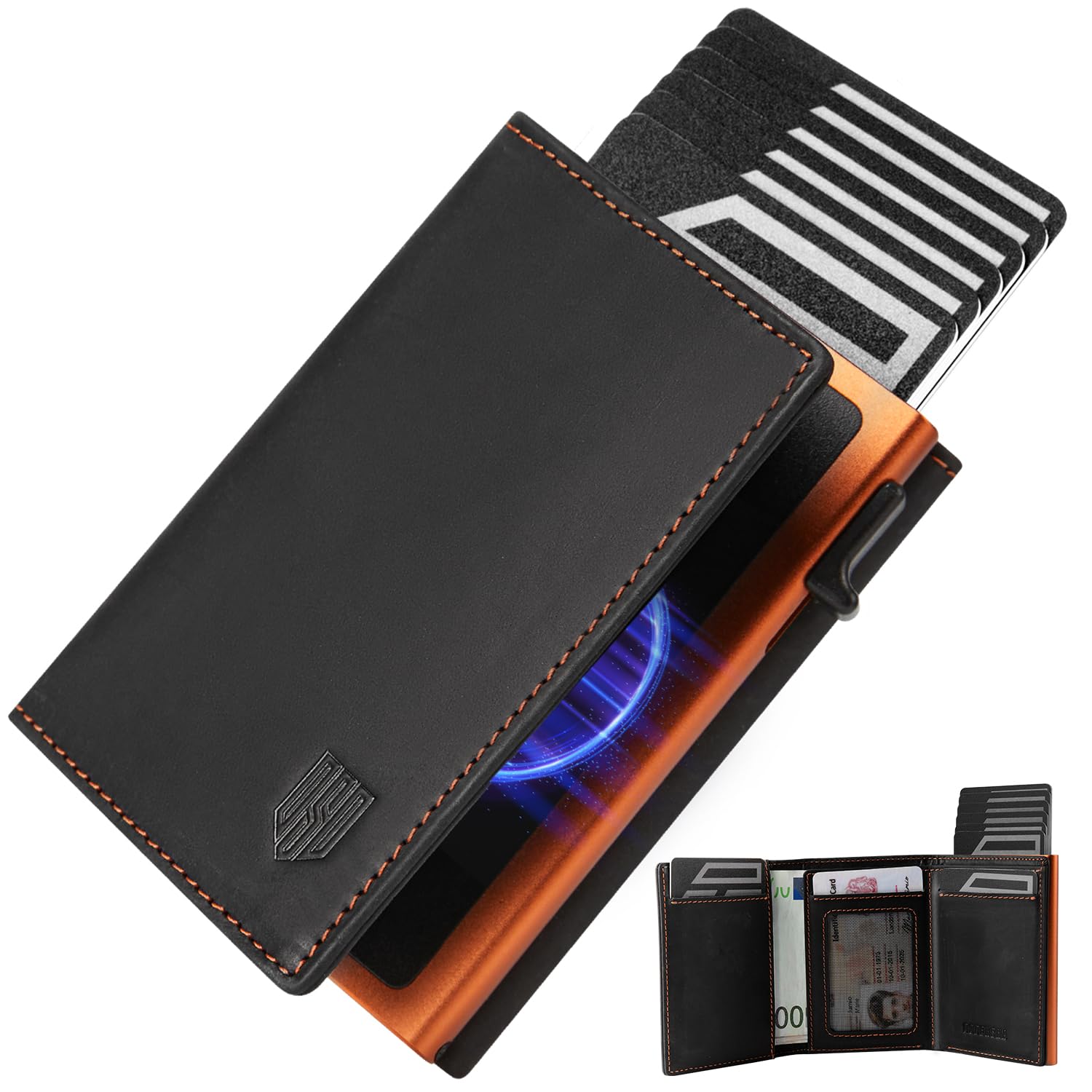 DODENSHA MagSnap moero portafoglio I portafoglio uomo piccolo I porta carte di credito uomo 10+ Karten I portatessere uomo tascabile I Protezione RFID I nero/arancione