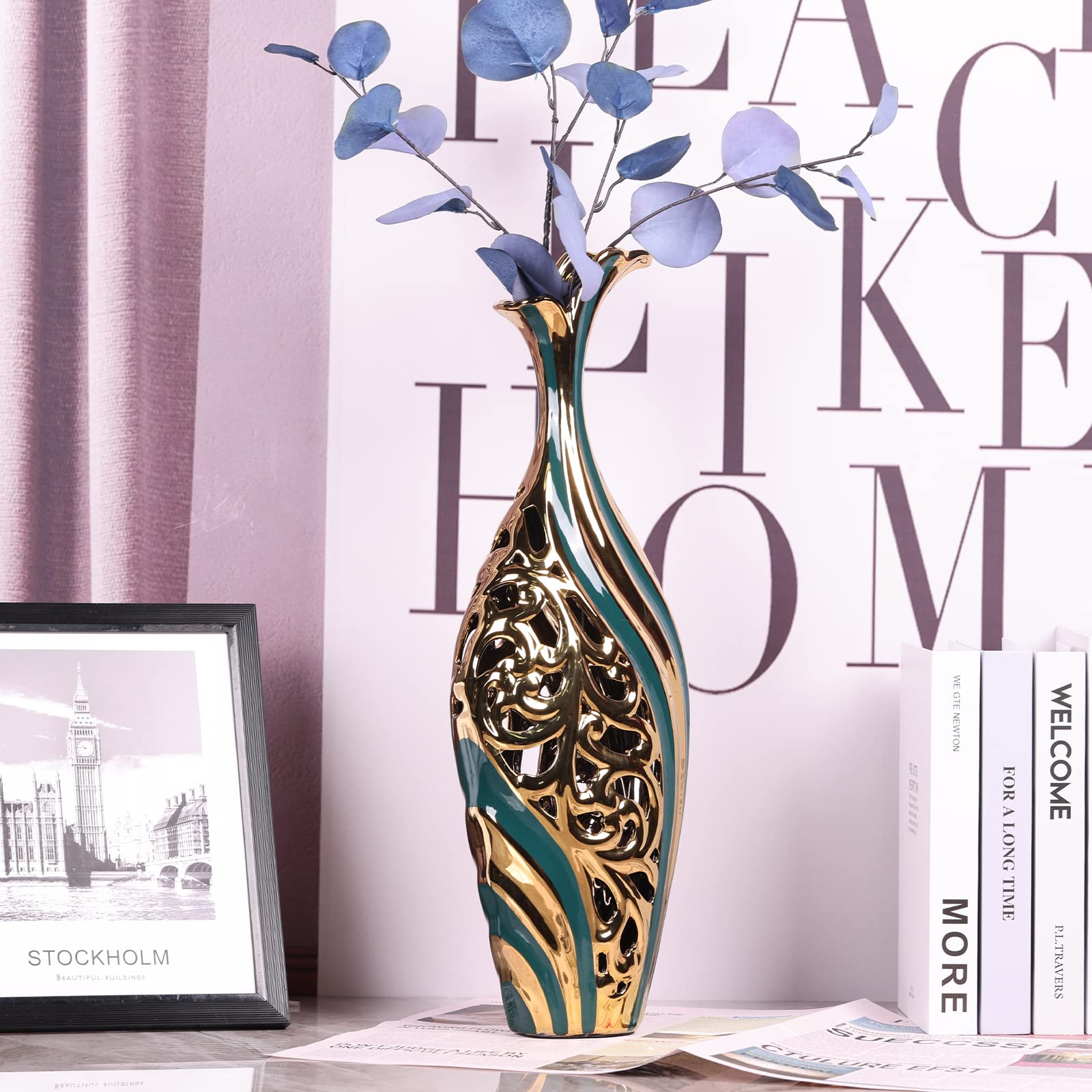 Amazon.co.jp: 高さ19インチ フロア花瓶 グリーンとゴールドの